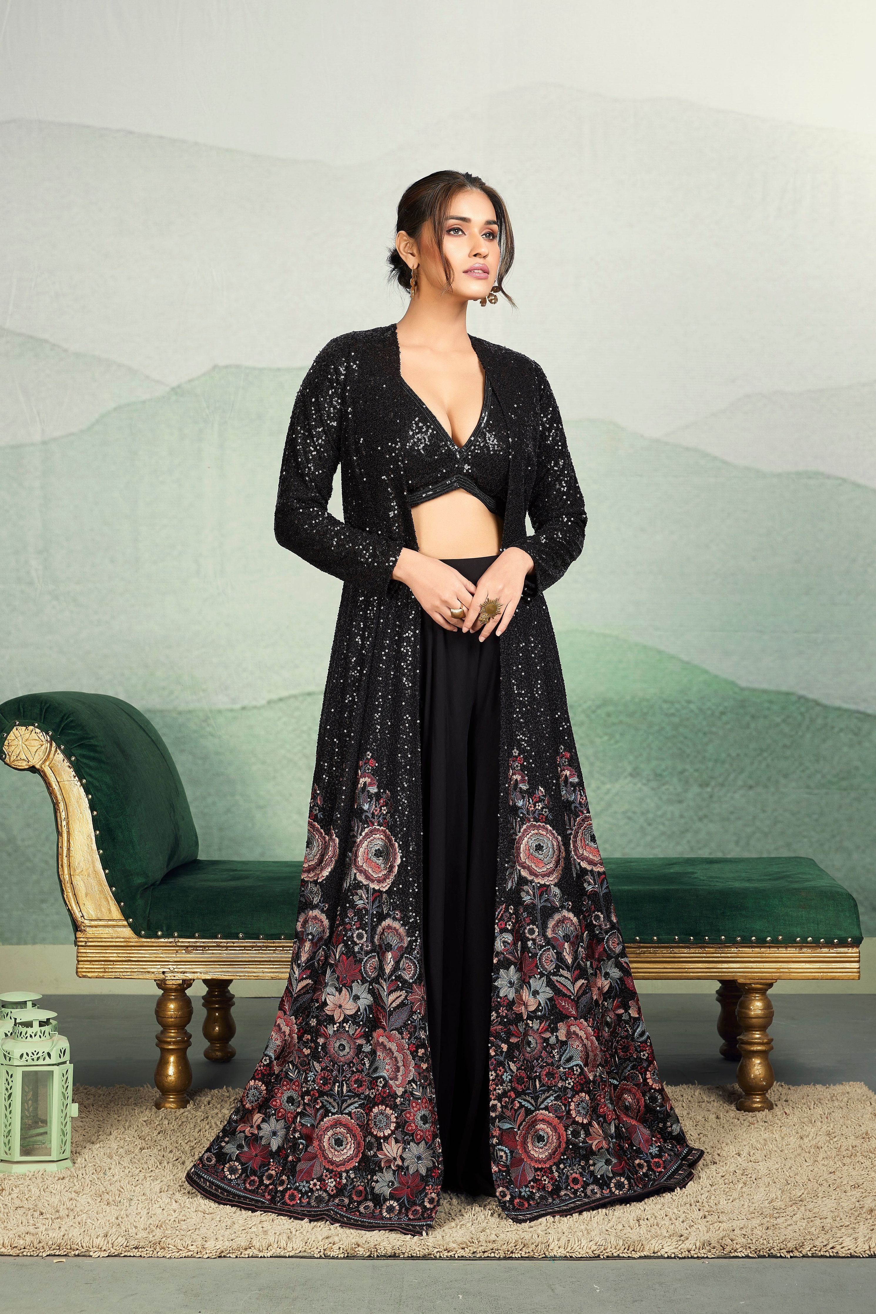 Black Georgette Indo-western Jacket Set - Mokshaa