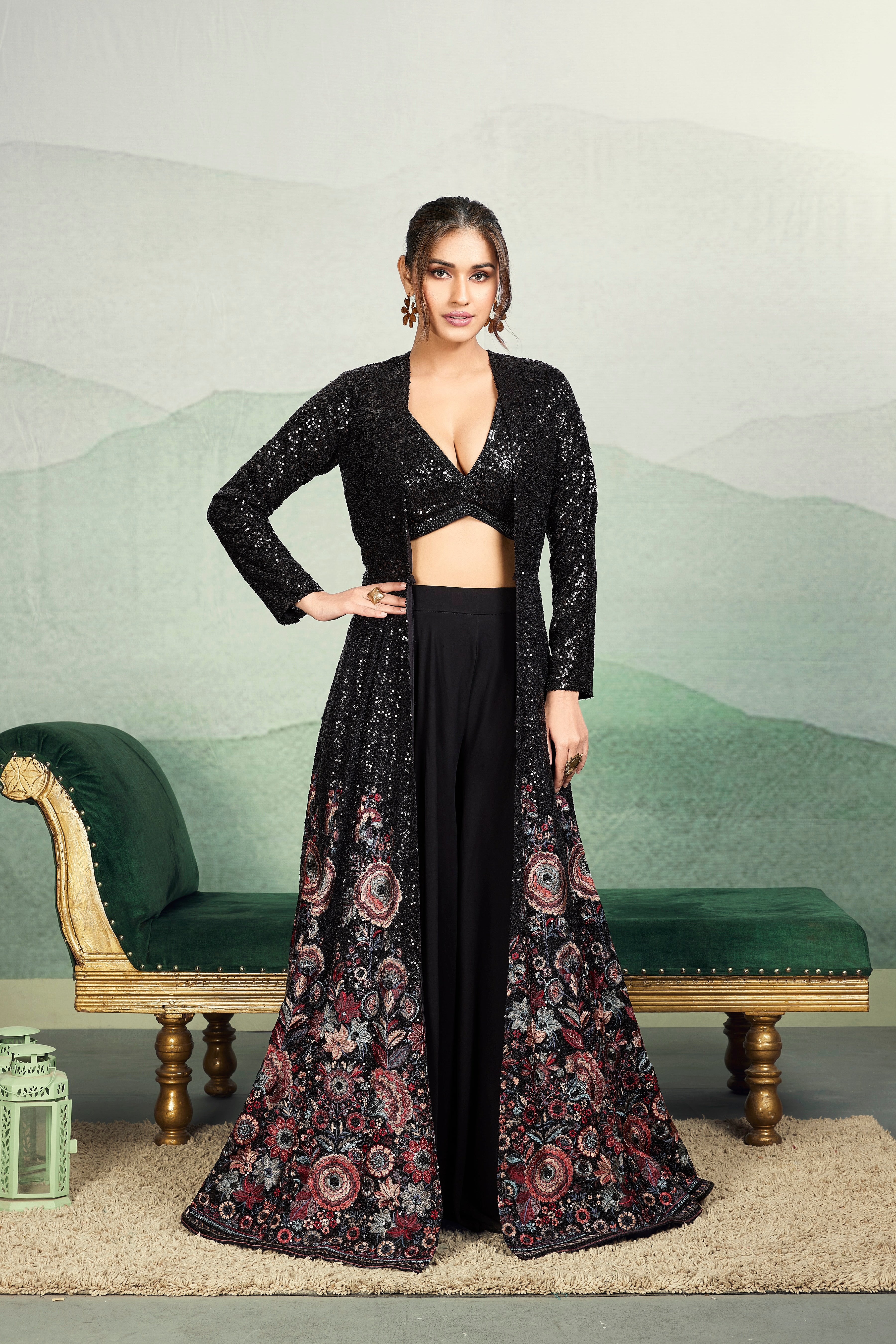 Black Georgette Indo-western Jacket Set - Mokshaa