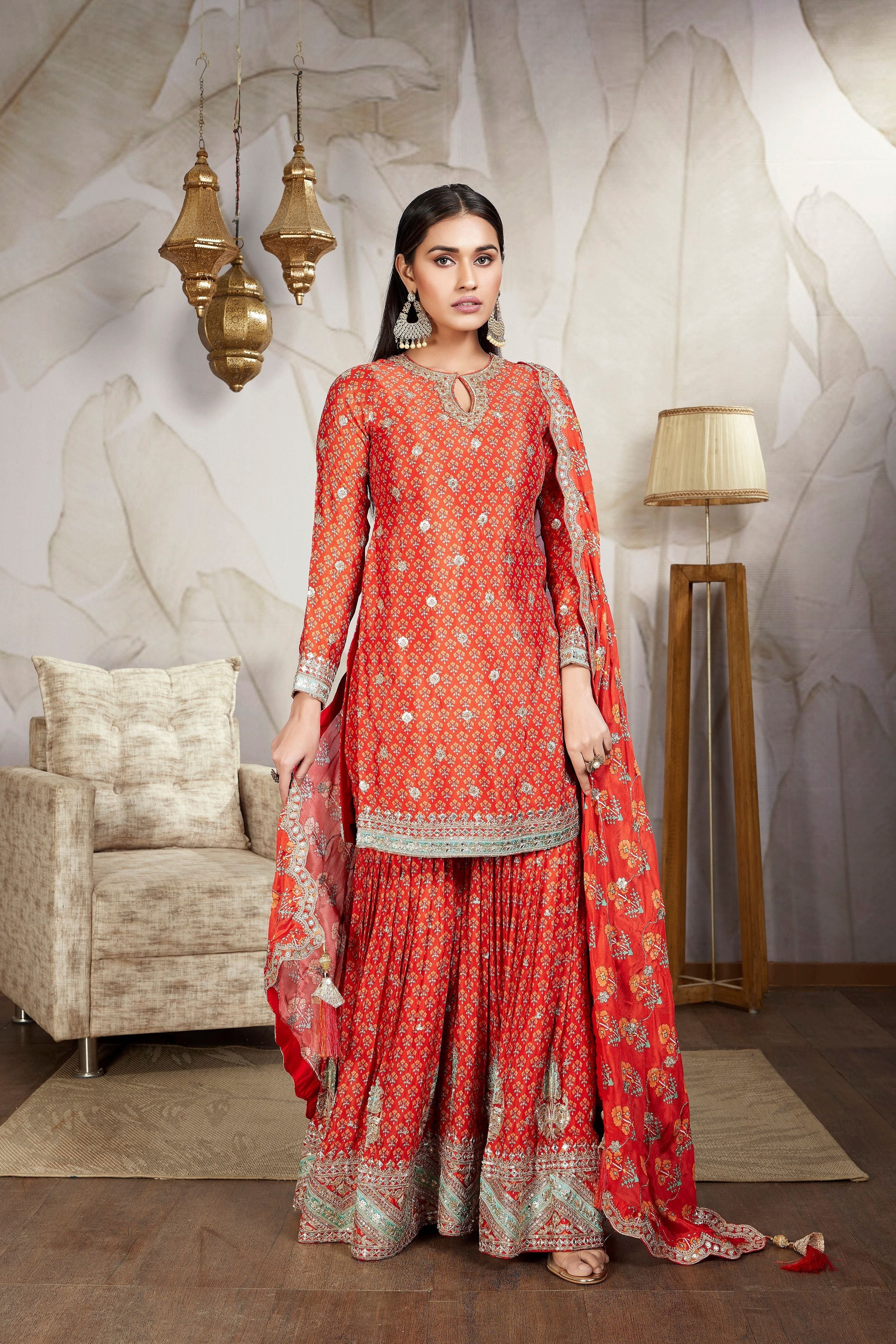 Scarlet Red Floral Printed German Silk Sharara Set - Mokshaa