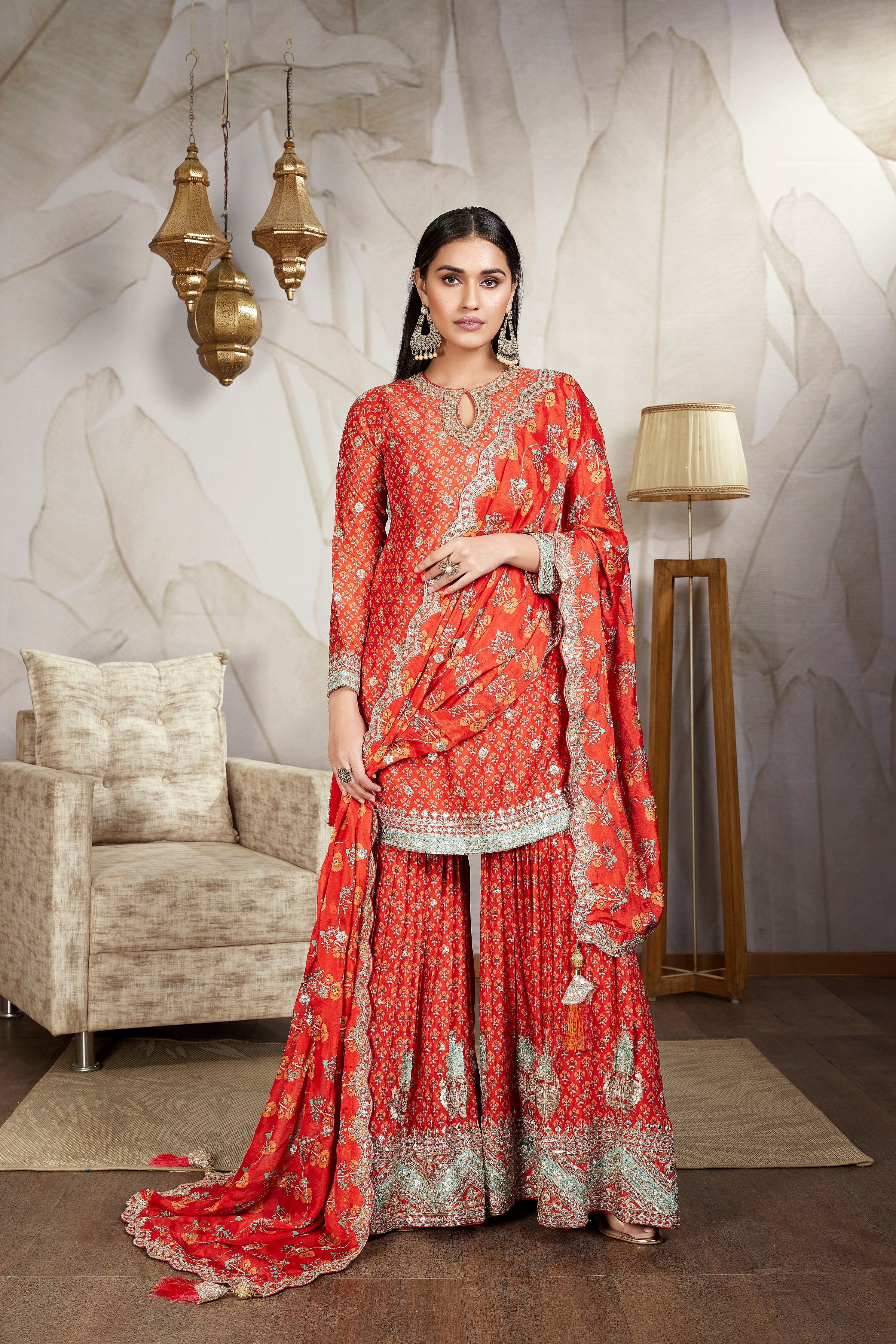 Scarlet Red Floral Printed German Silk Sharara Set - Mokshaa