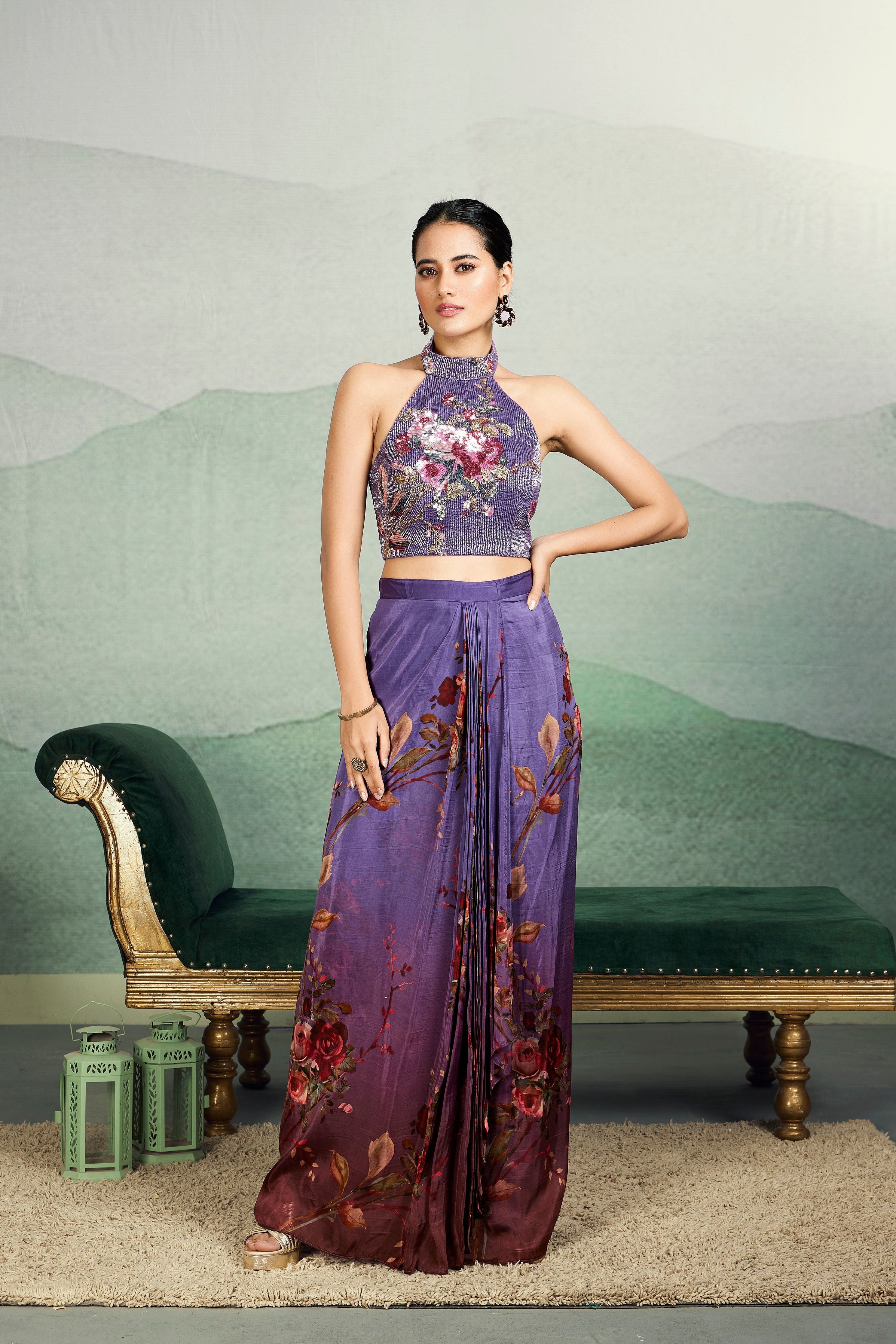 Mauve Floral Embroidered Premium Silk Drape Skirt Set - Mokshaa