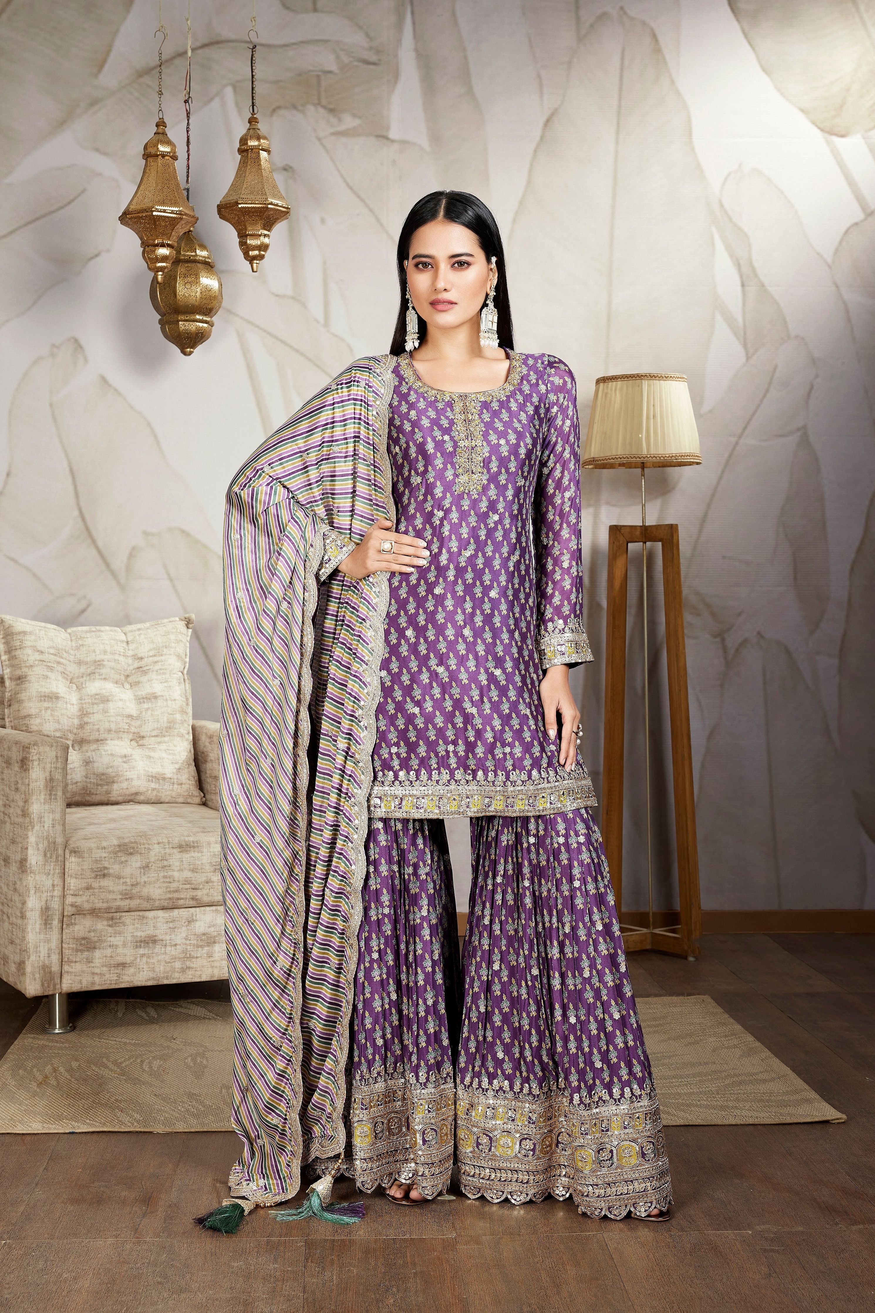 Purple Embellished Chinon Silk Sharara Set - Mokshaa