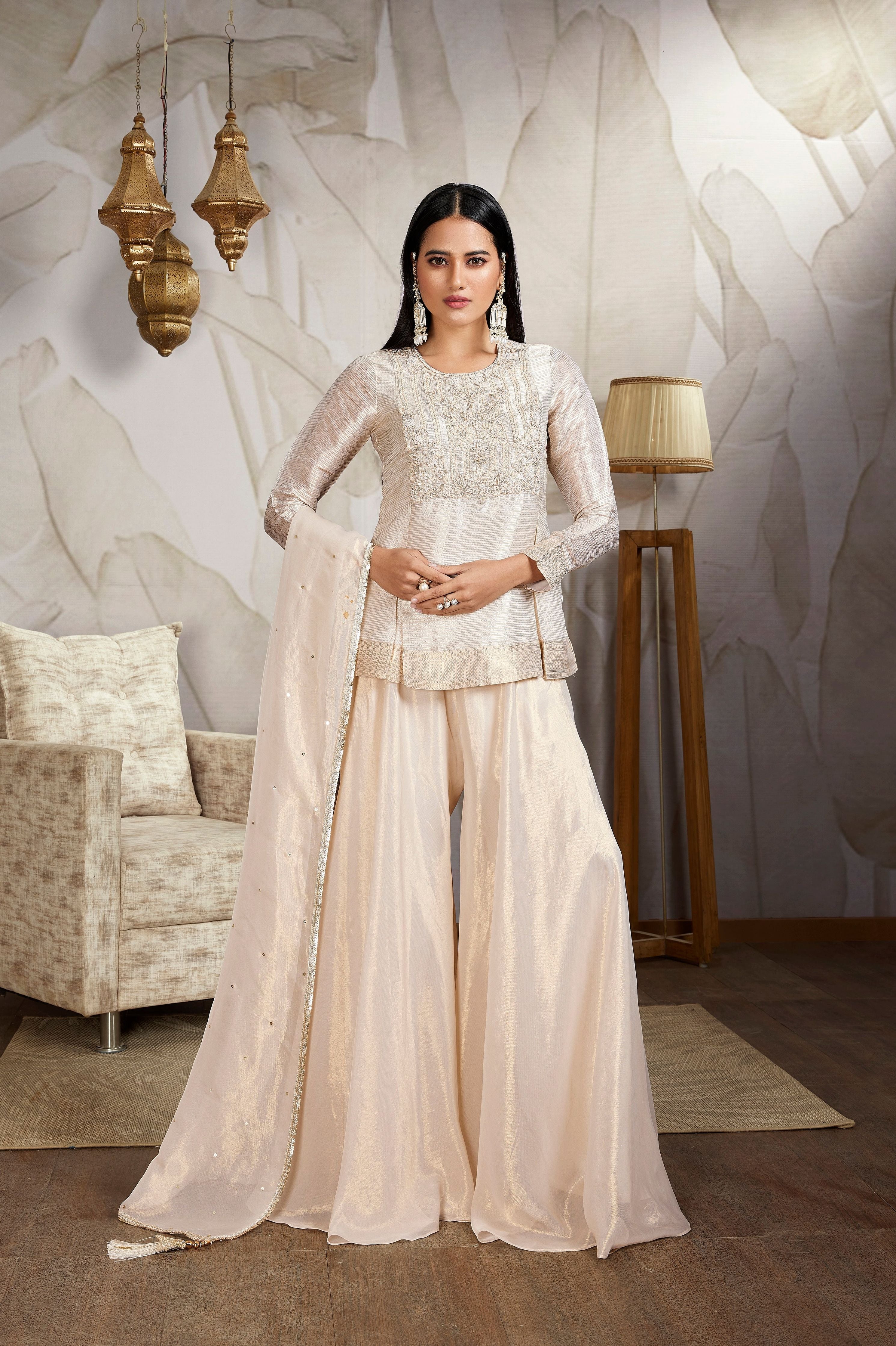 Pastel Beige Embellished Tissue Organza Silk Palazzo Set - Mokshaa