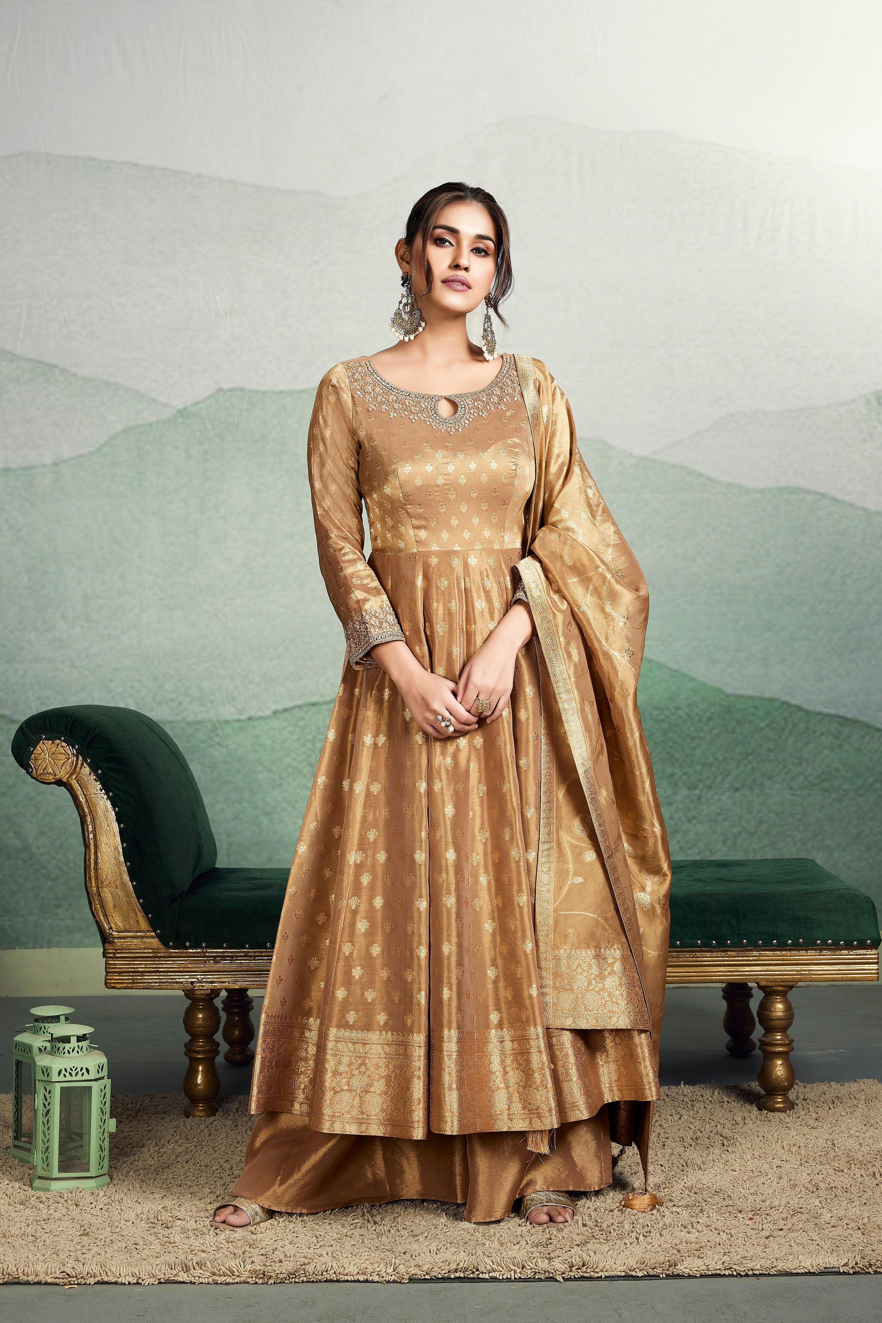 Golden Bronze Embellished Premium Brocade Silk Anarkali Set - Mokshaa