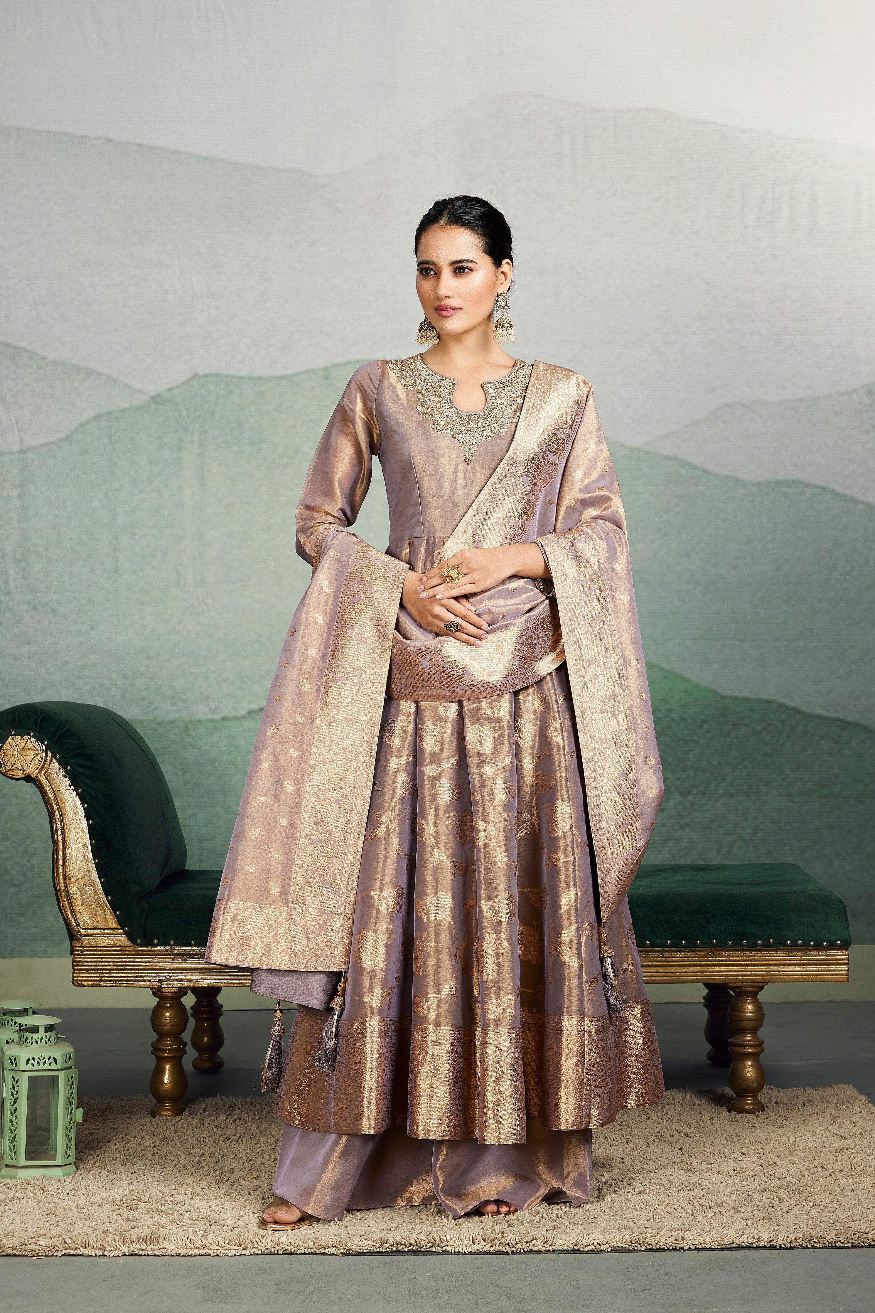 Rose Gold Embellished Brocade Silk Anarkali Set - Mokshaa