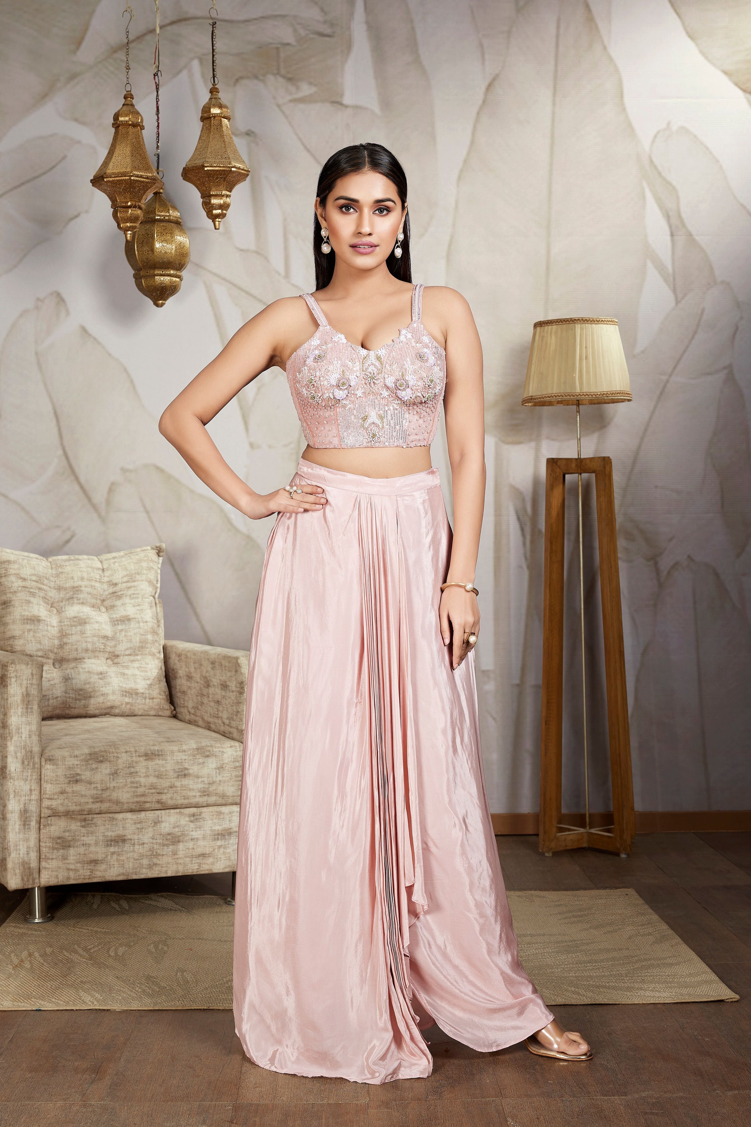 Light Pink Embellished Chinon Silk Skirt Set - Mokshaa