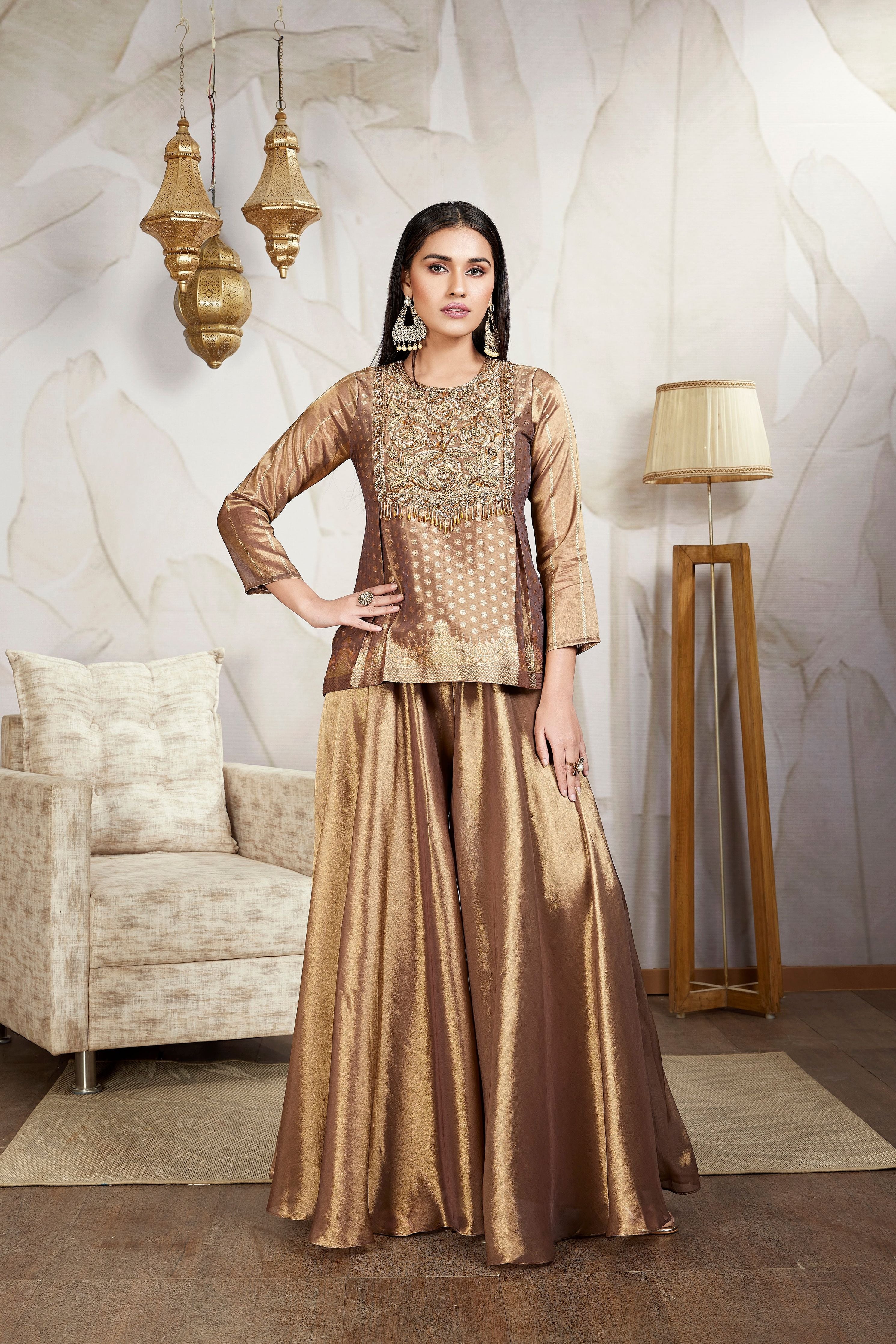 Bronze Embellished Premium Brocade Silk Palazzo Set - Mokshaa