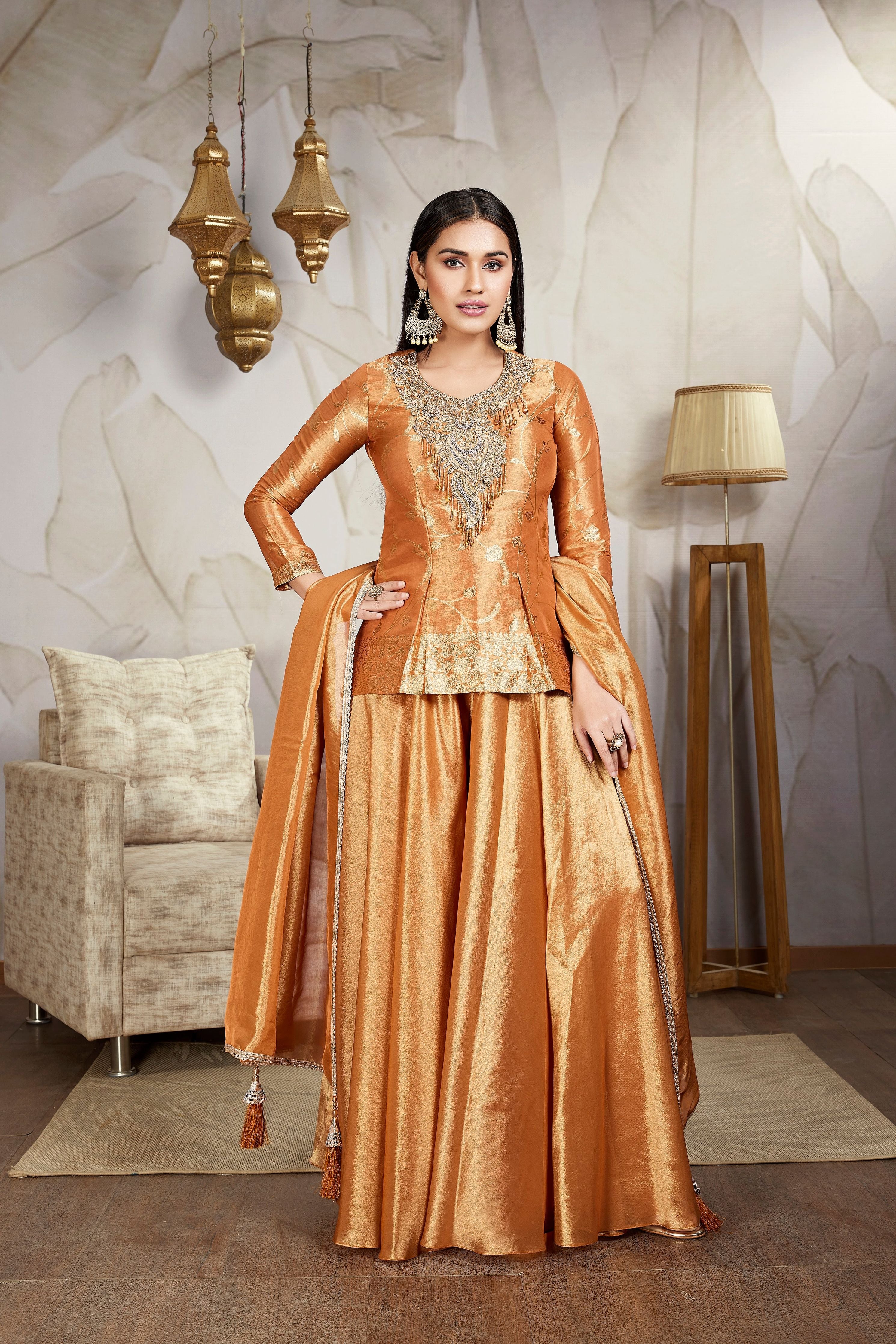 Copper Embellished Premium Brocade Silk Palazzo Set - Mokshaa