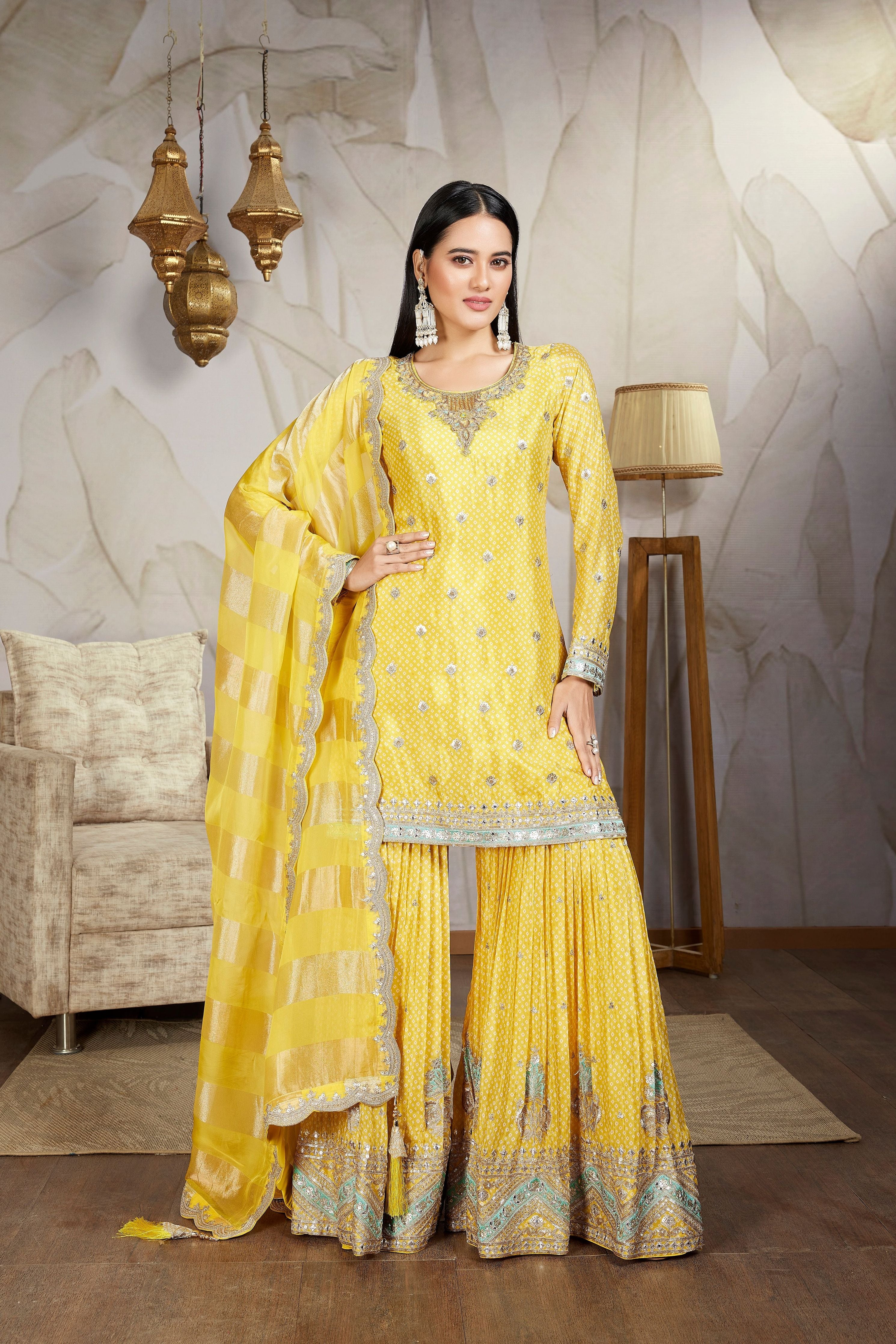 Yellow Embellished Chinon Silk Sharara Set - Mokshaa