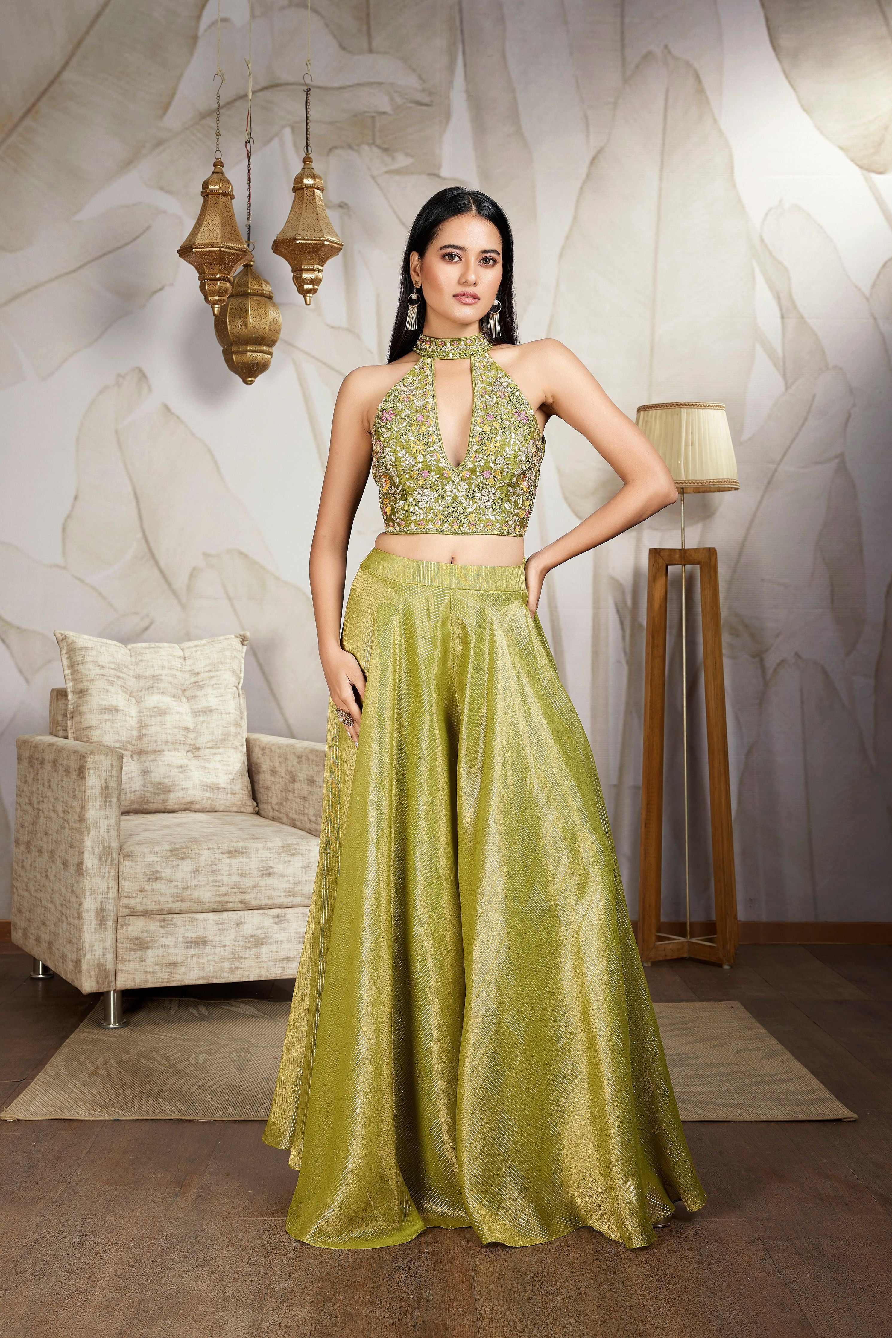 Olive Green Embellished Tissue Organza Silk Palazzo Set - Mokshaa