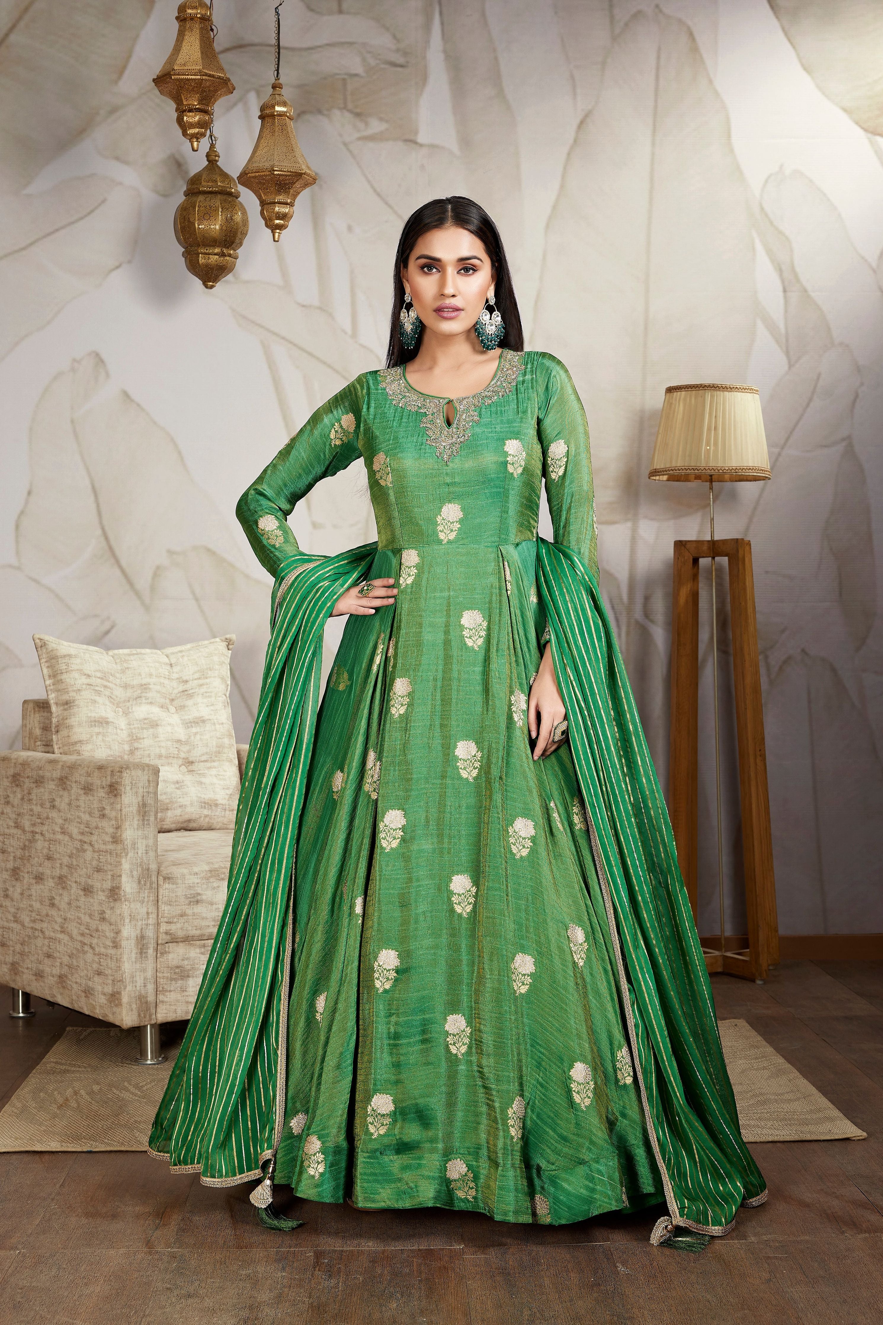 Green Embellished Brocade Silk Anarkali Set - Mokshaa