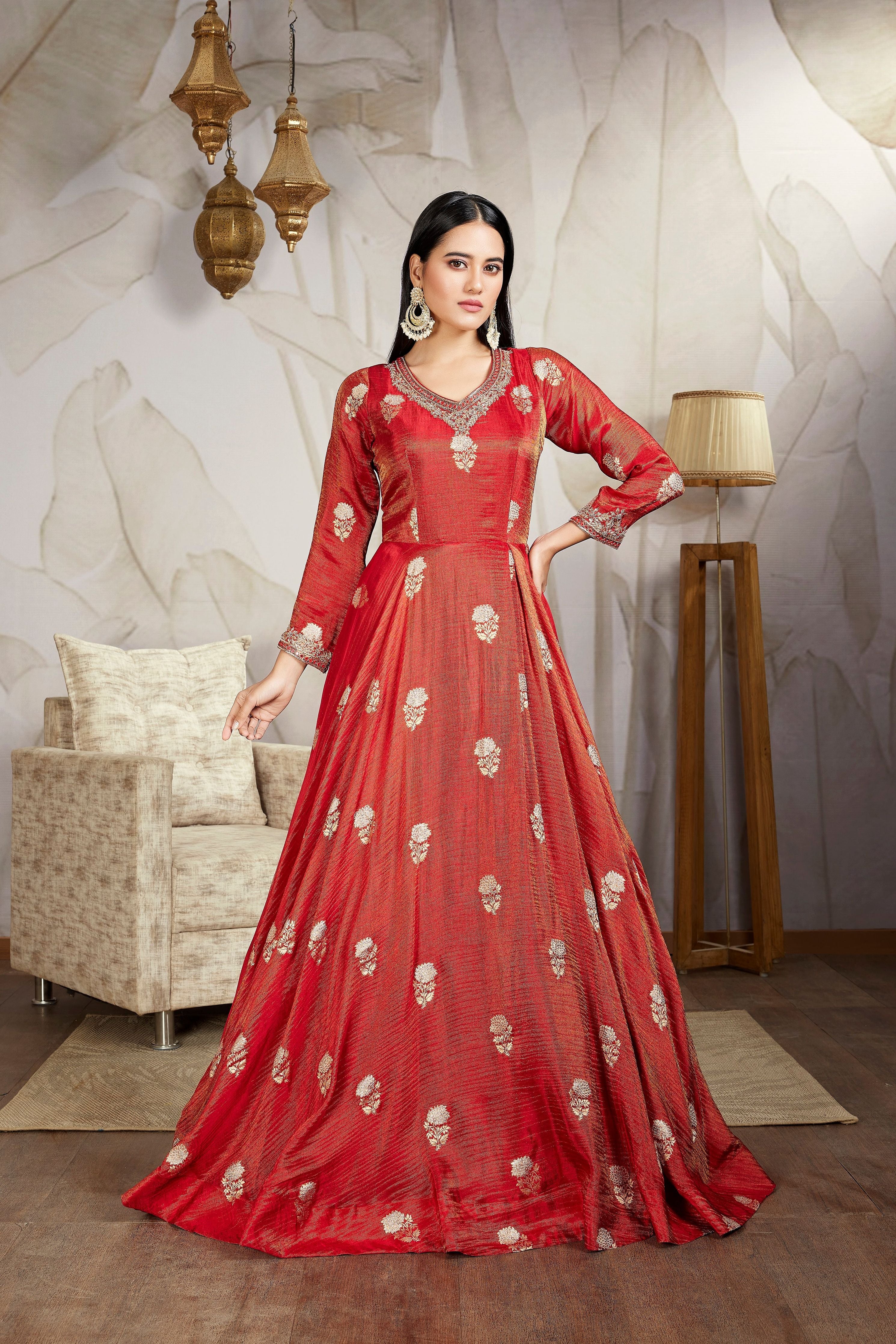 Royal Red Embellished Brocade Silk Anarkali - Mokshaa