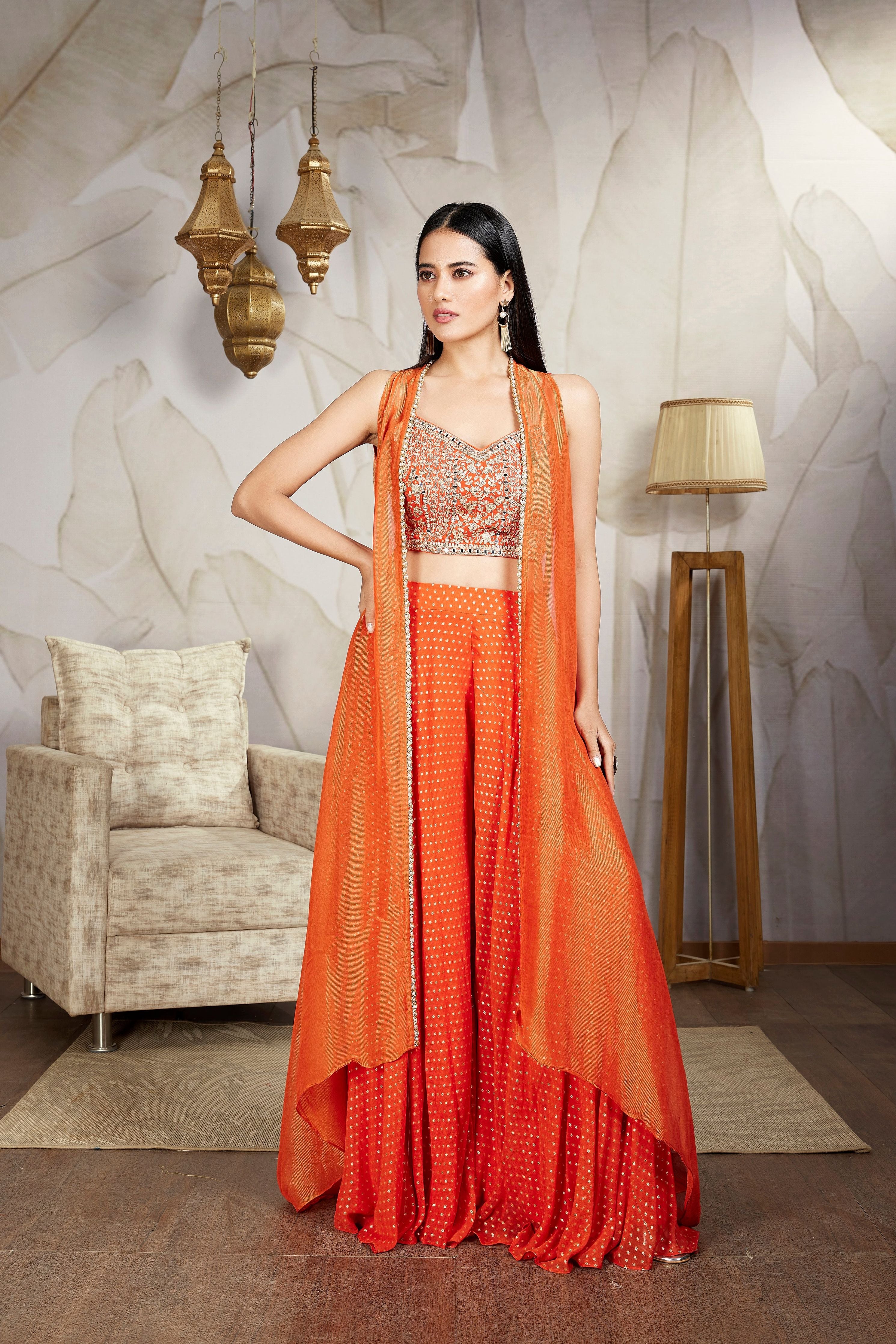 Orange Embellished Premium Silk Cape Set - Mokshaa