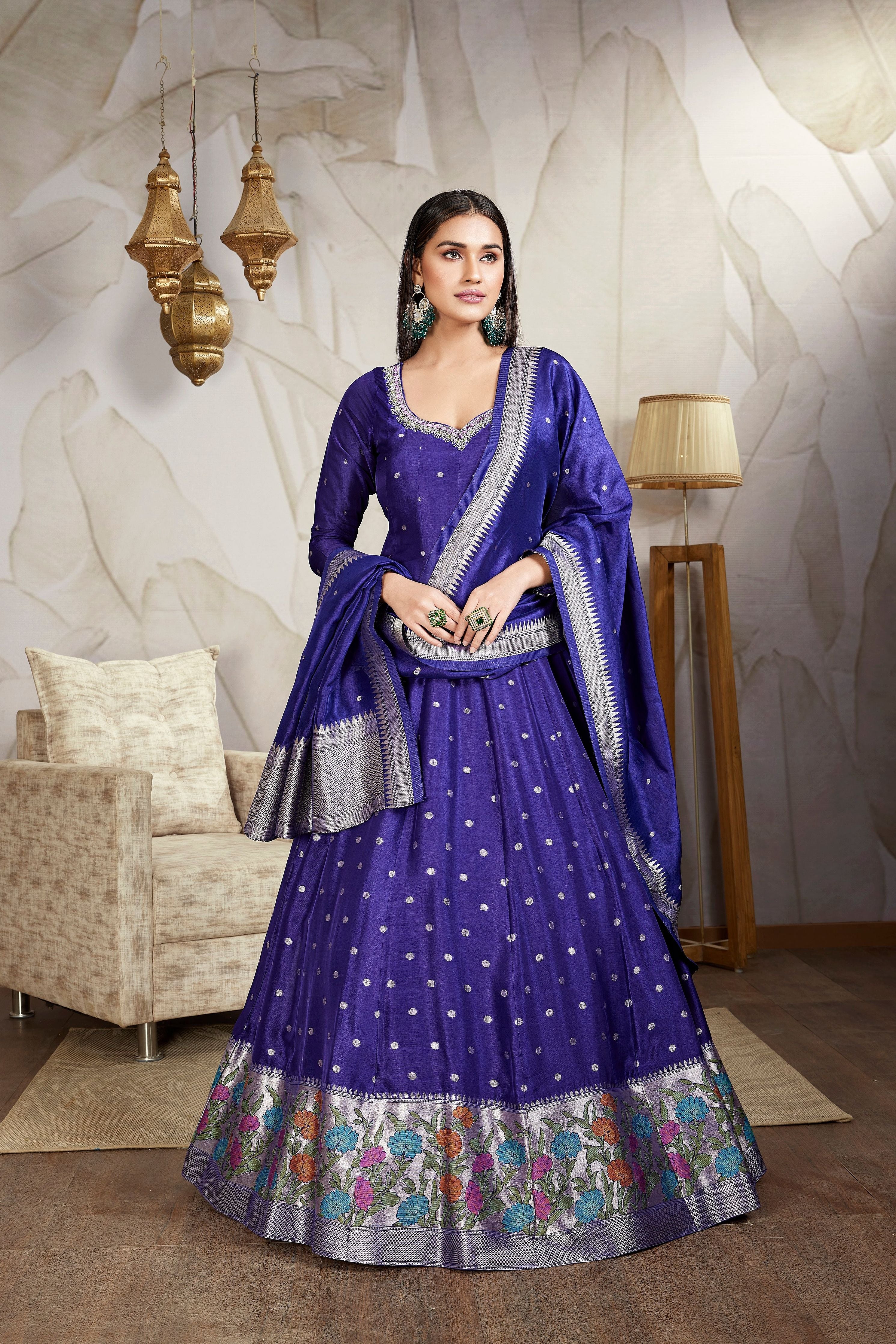 Deep Blue Floral Printed Raw Silk Anarkali Set - Mokshaa