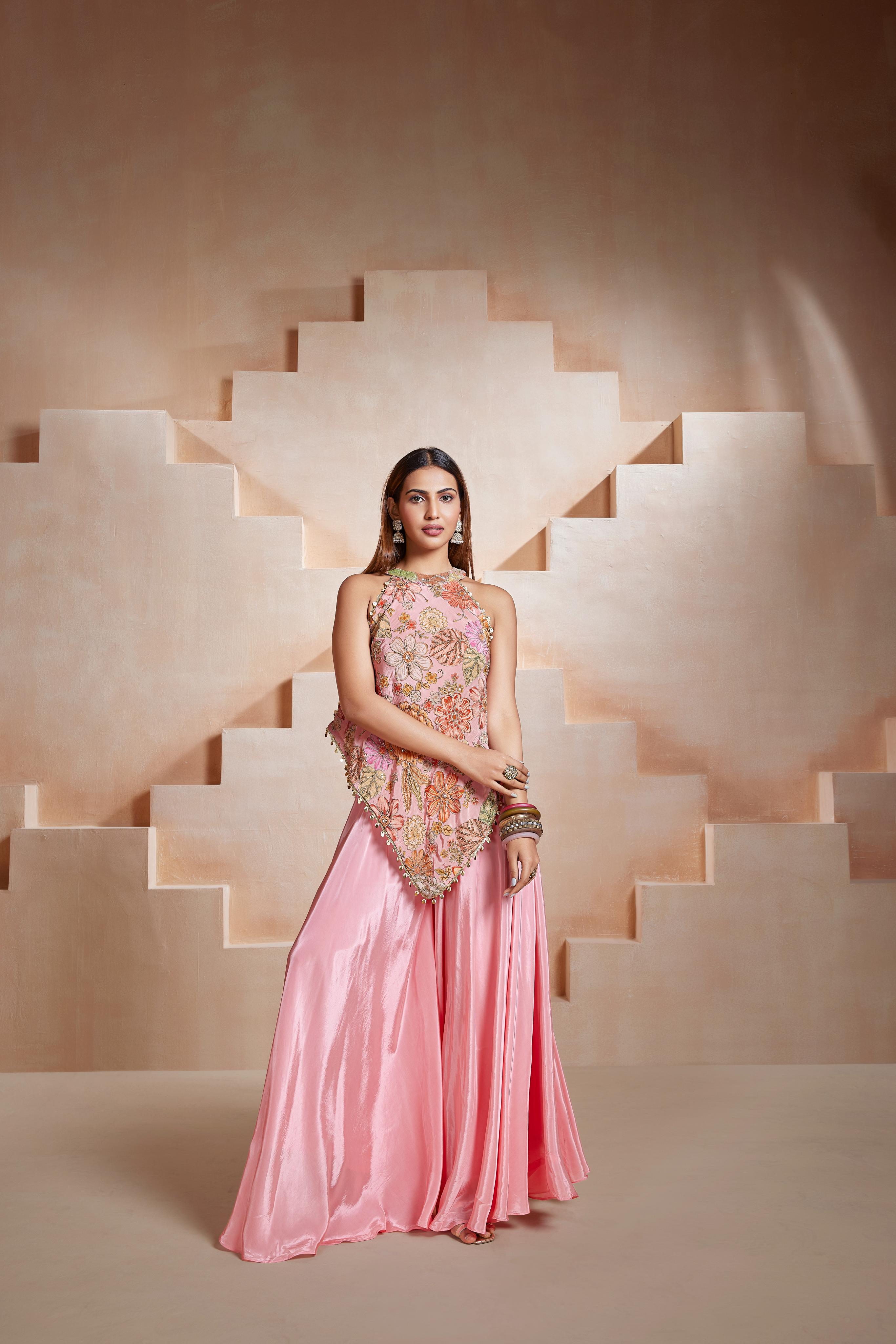 Blush Pink Floral Cape Palazzo Set
