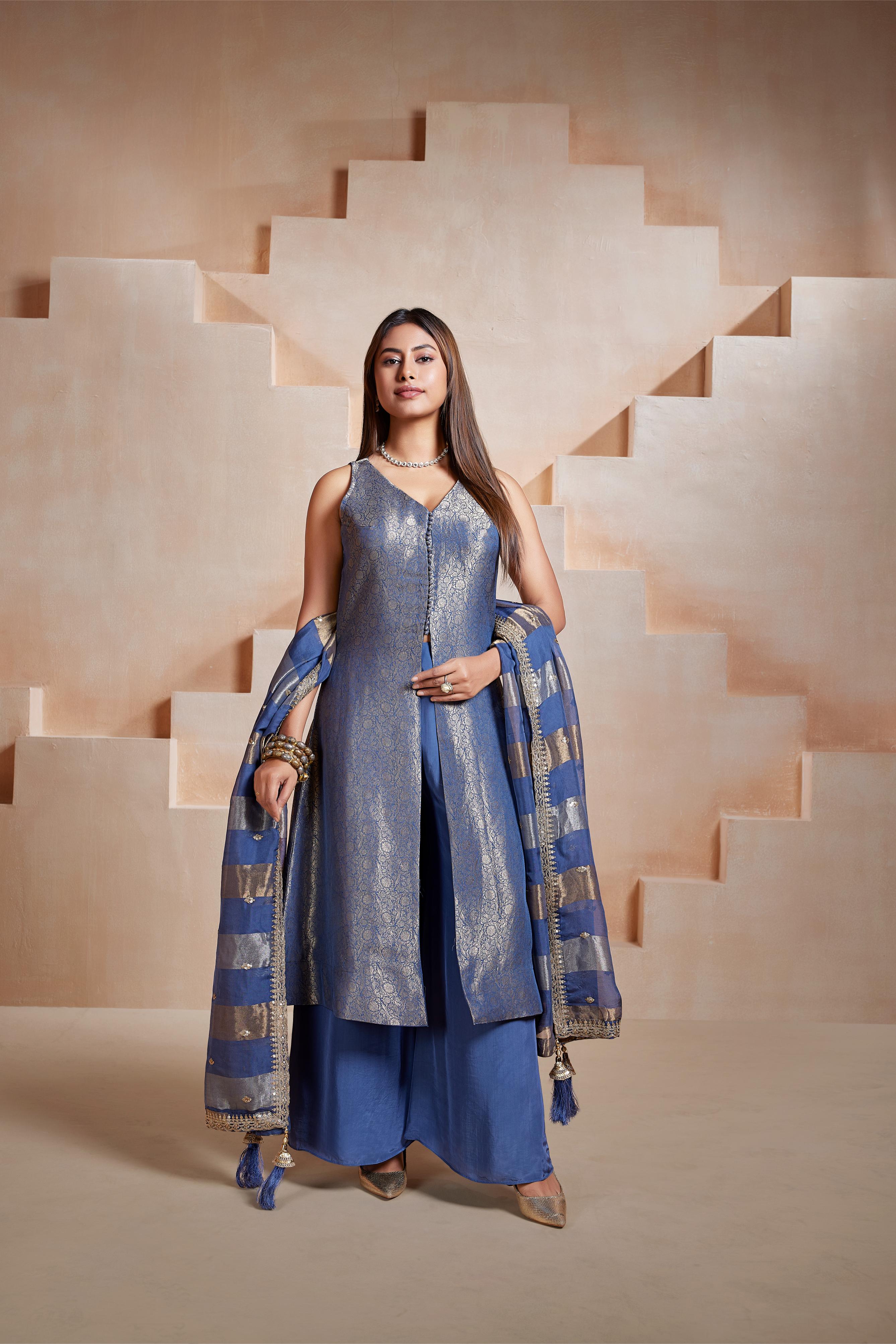 Royal Blue Brocade Palazzo Set