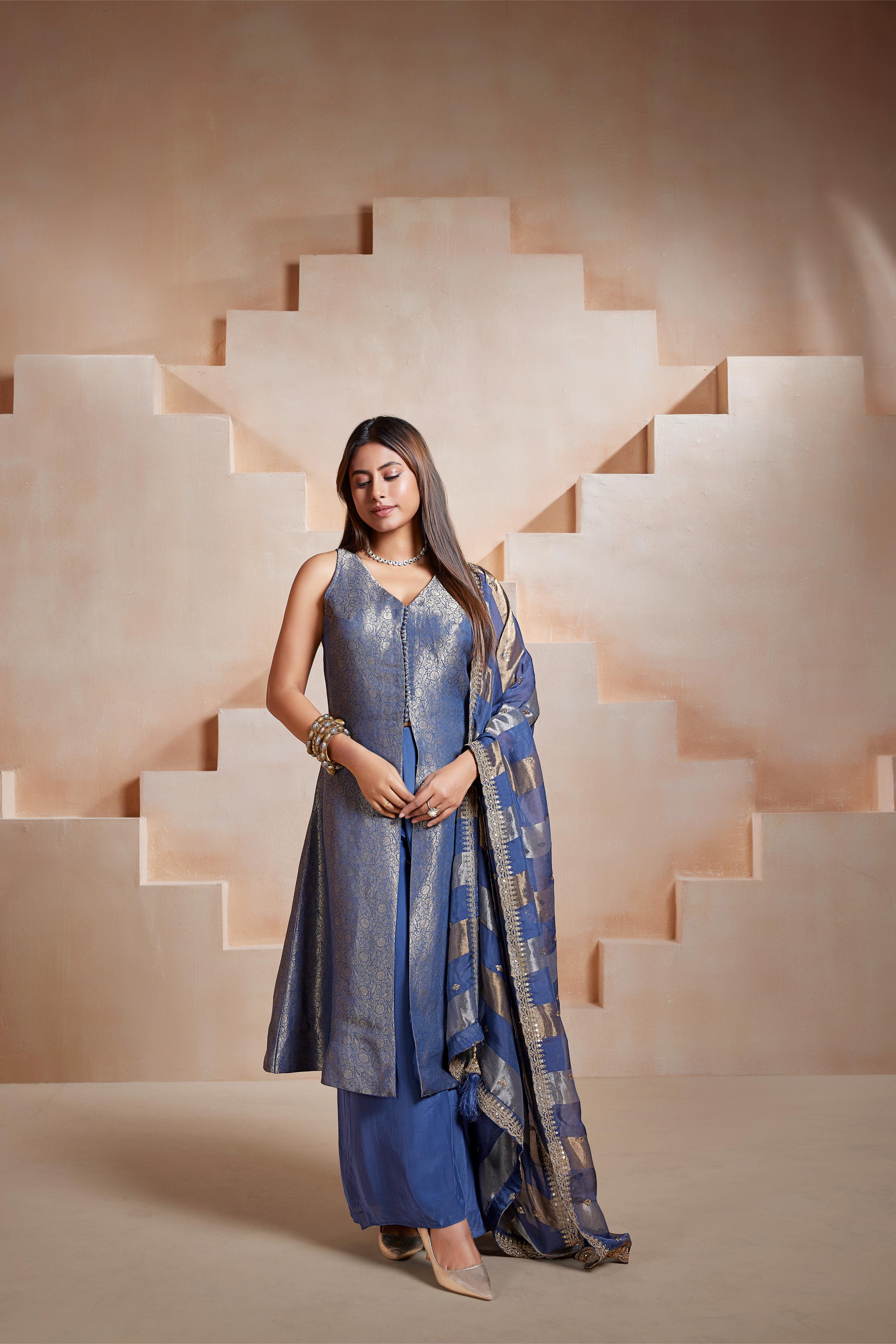Royal Blue Brocade Palazzo Set