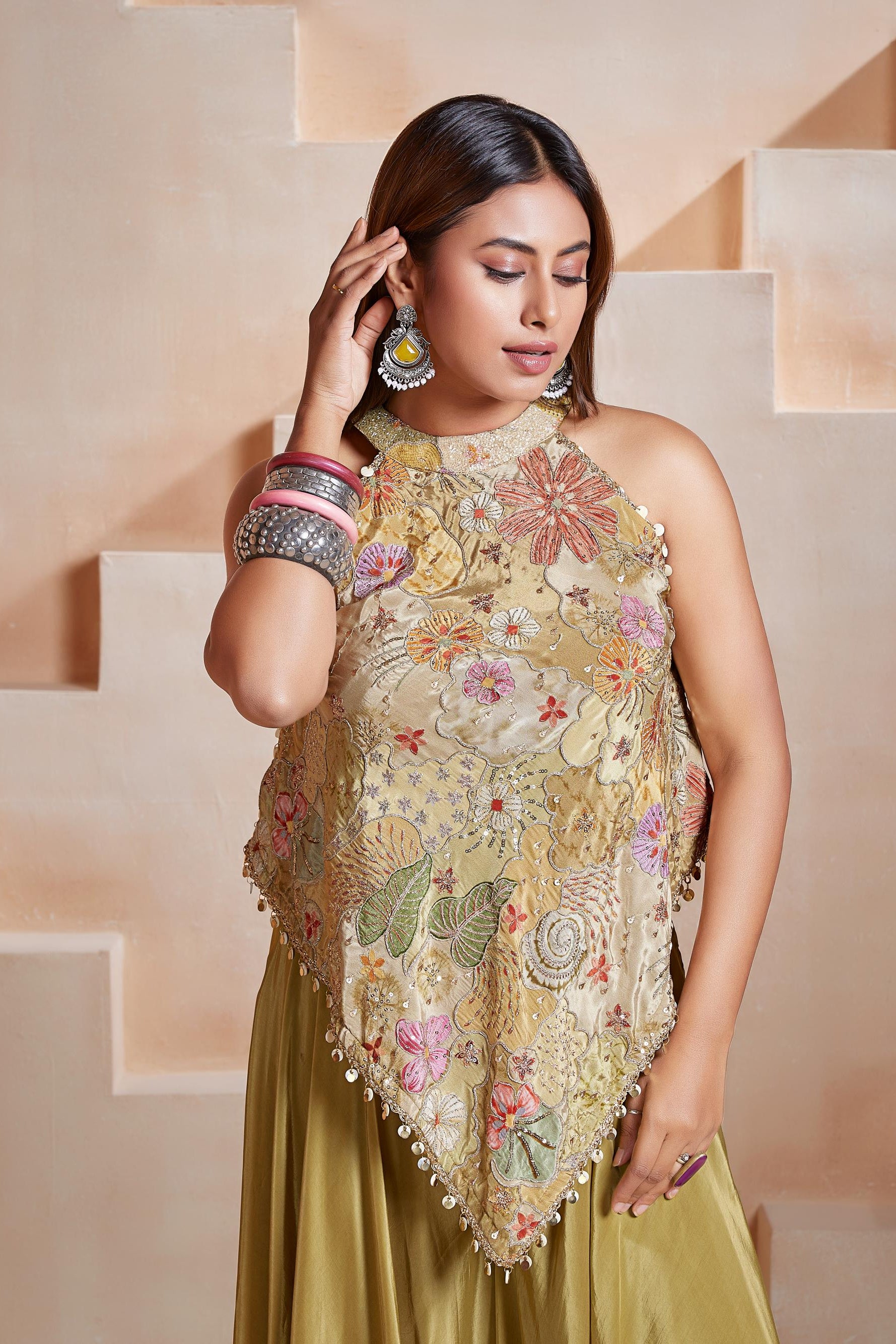 Olive Floral Cape Palazzo Set