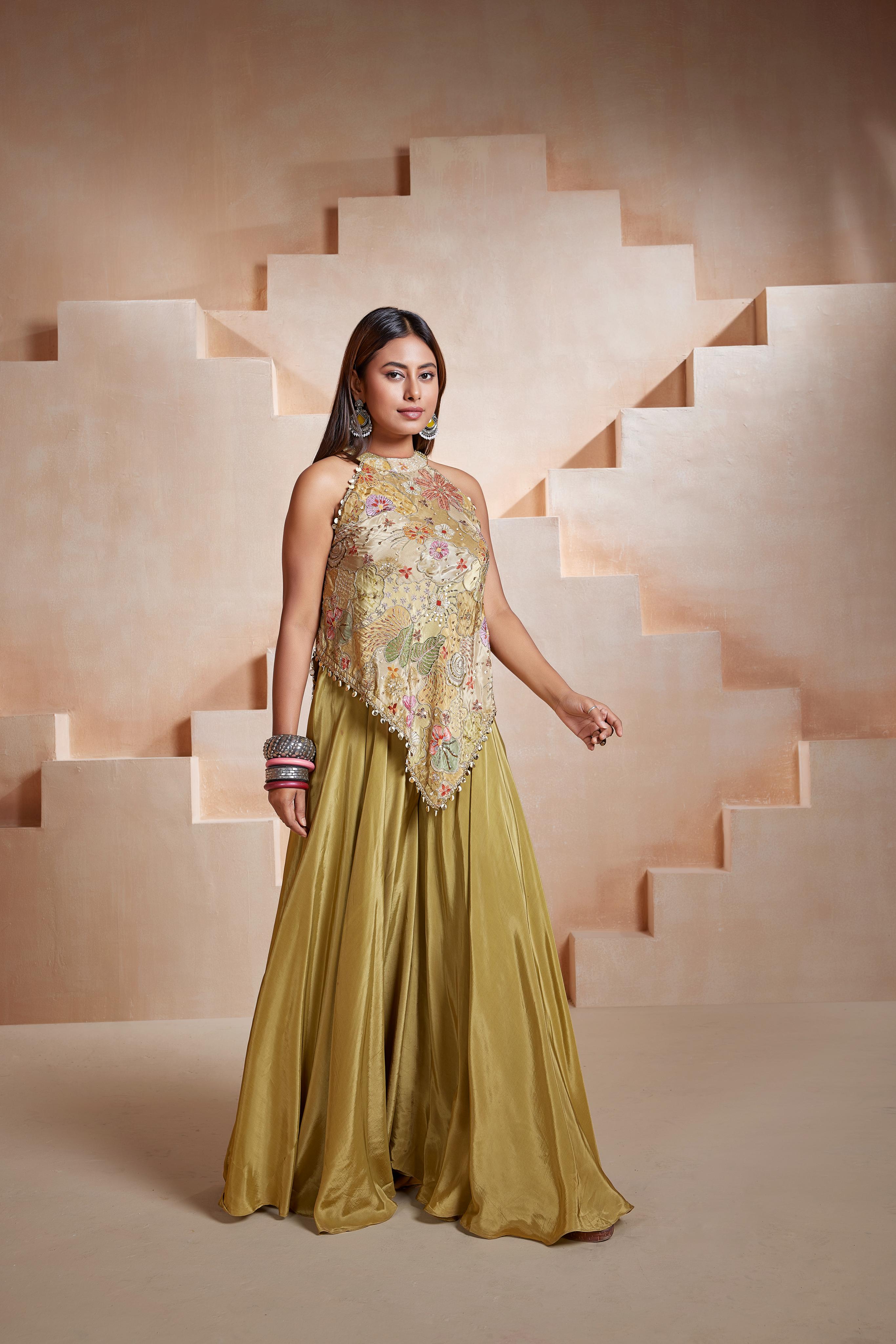 Olive Floral Cape Palazzo Set