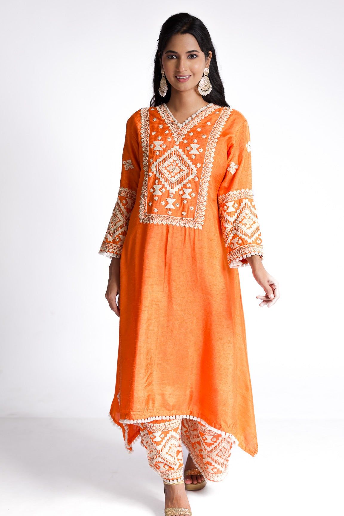 Tangerine silk kurti set - Mokshaa