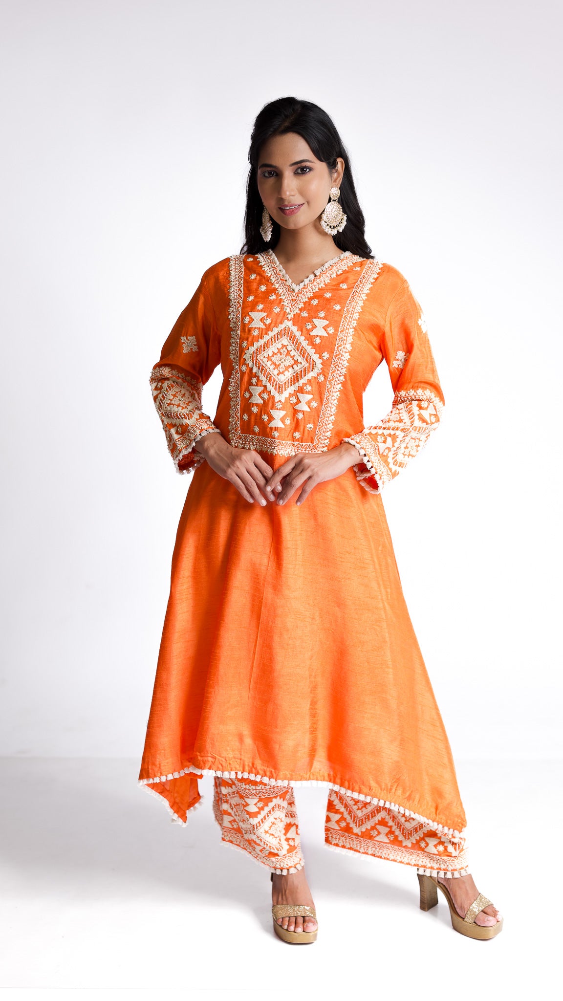 Tangerine silk kurti set - Mokshaa