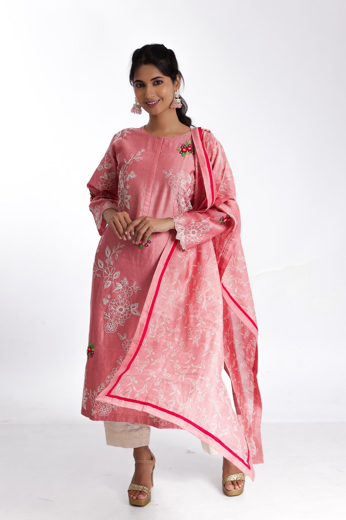 Rose chanderi silk kurta set - Mokshaa