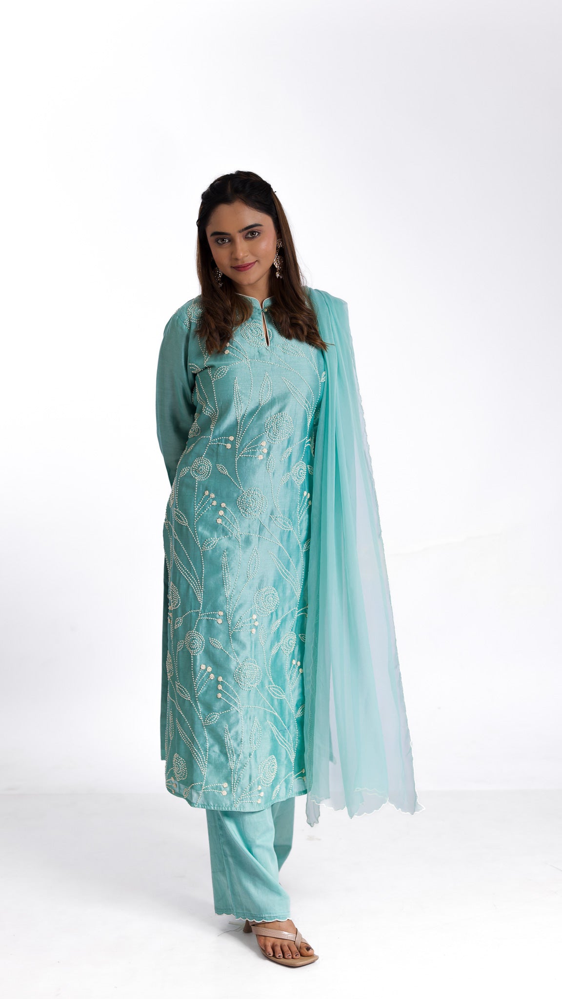 Mint green silk kurta set - Mokshaa