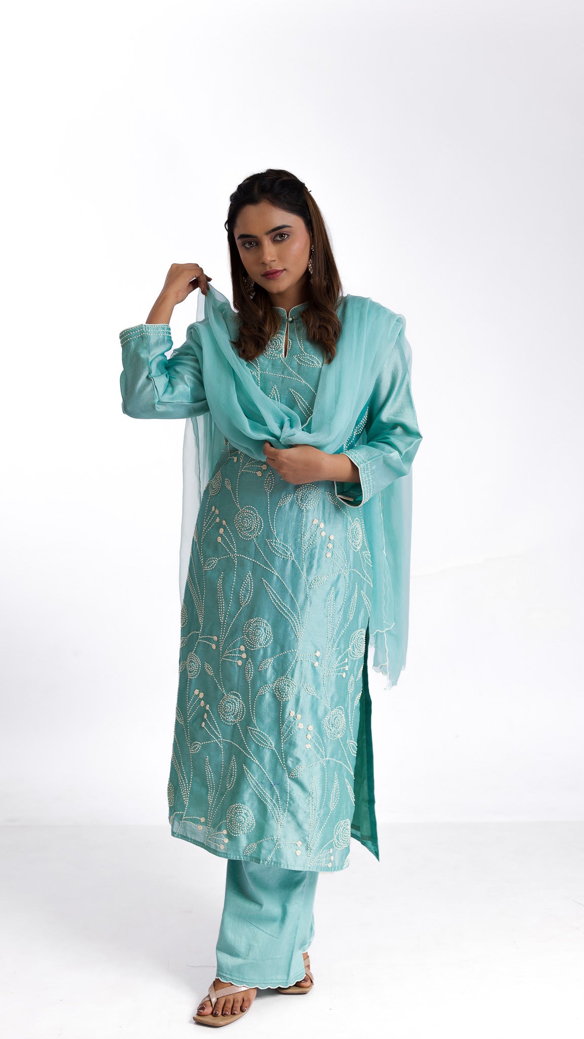 Mint green silk kurta set - Mokshaa