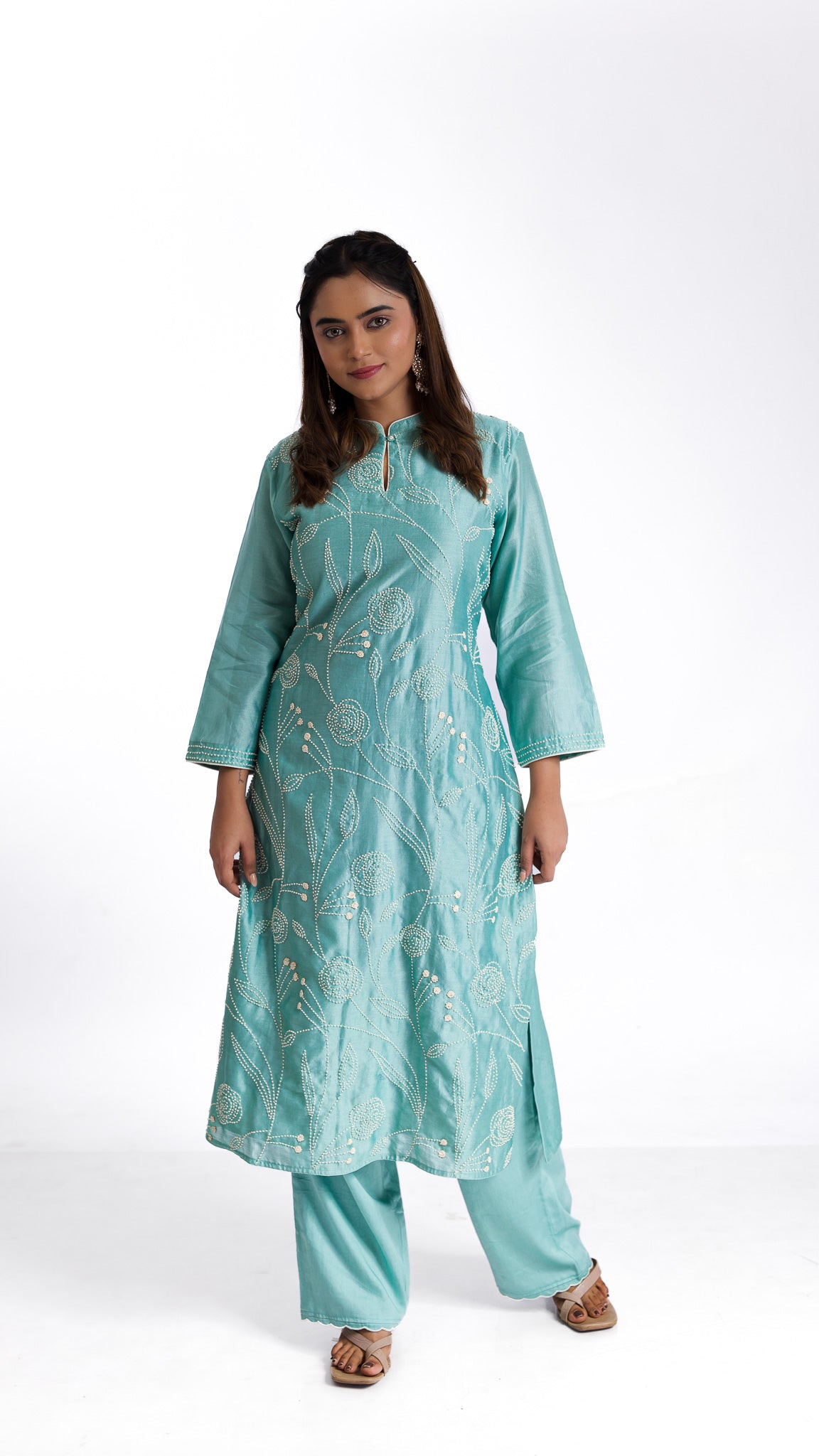 Mint green silk kurta set - Mokshaa