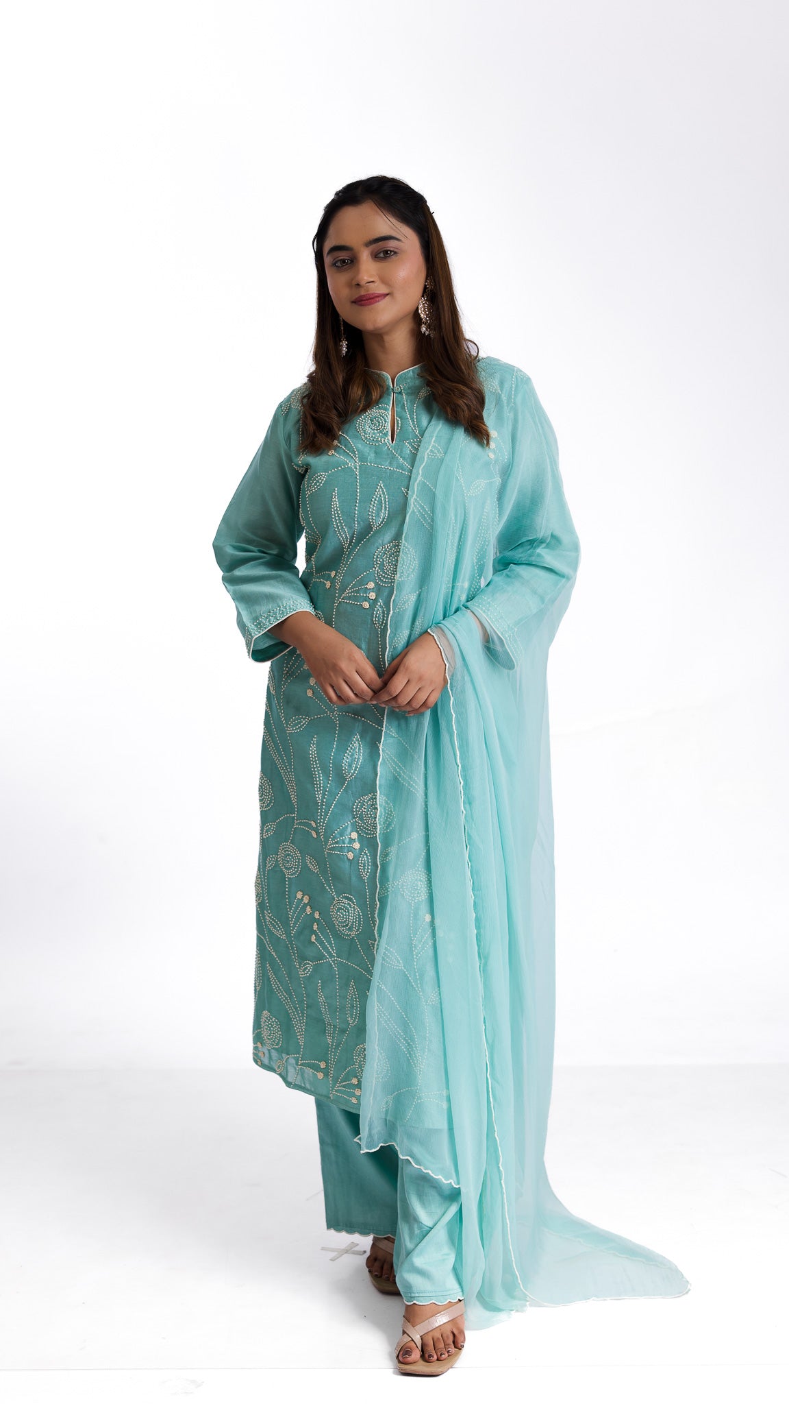 Mint green silk kurta set - Mokshaa