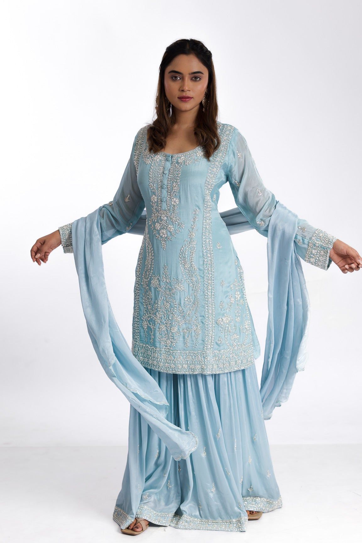 Sky blue chiffon sharara set - Mokshaa