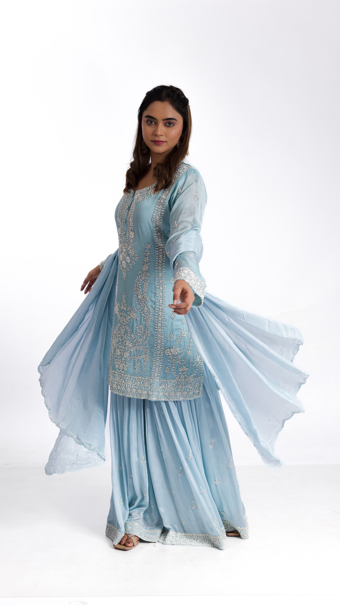 Sky blue chiffon sharara set - Mokshaa