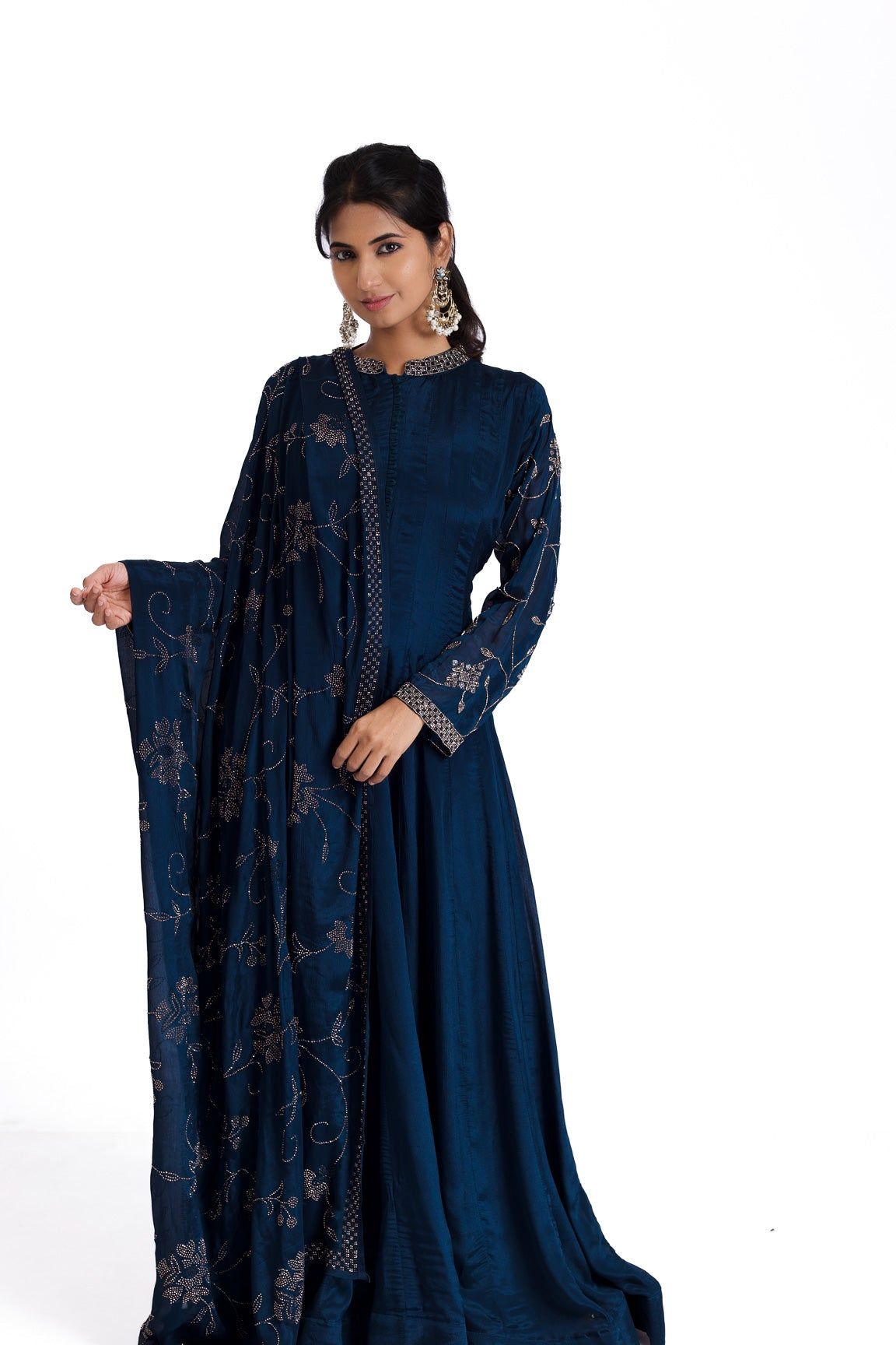 Midnight Blue Anarkali with Stone and Kutdana Embroidery – A Regal Ensemble - Mokshaa