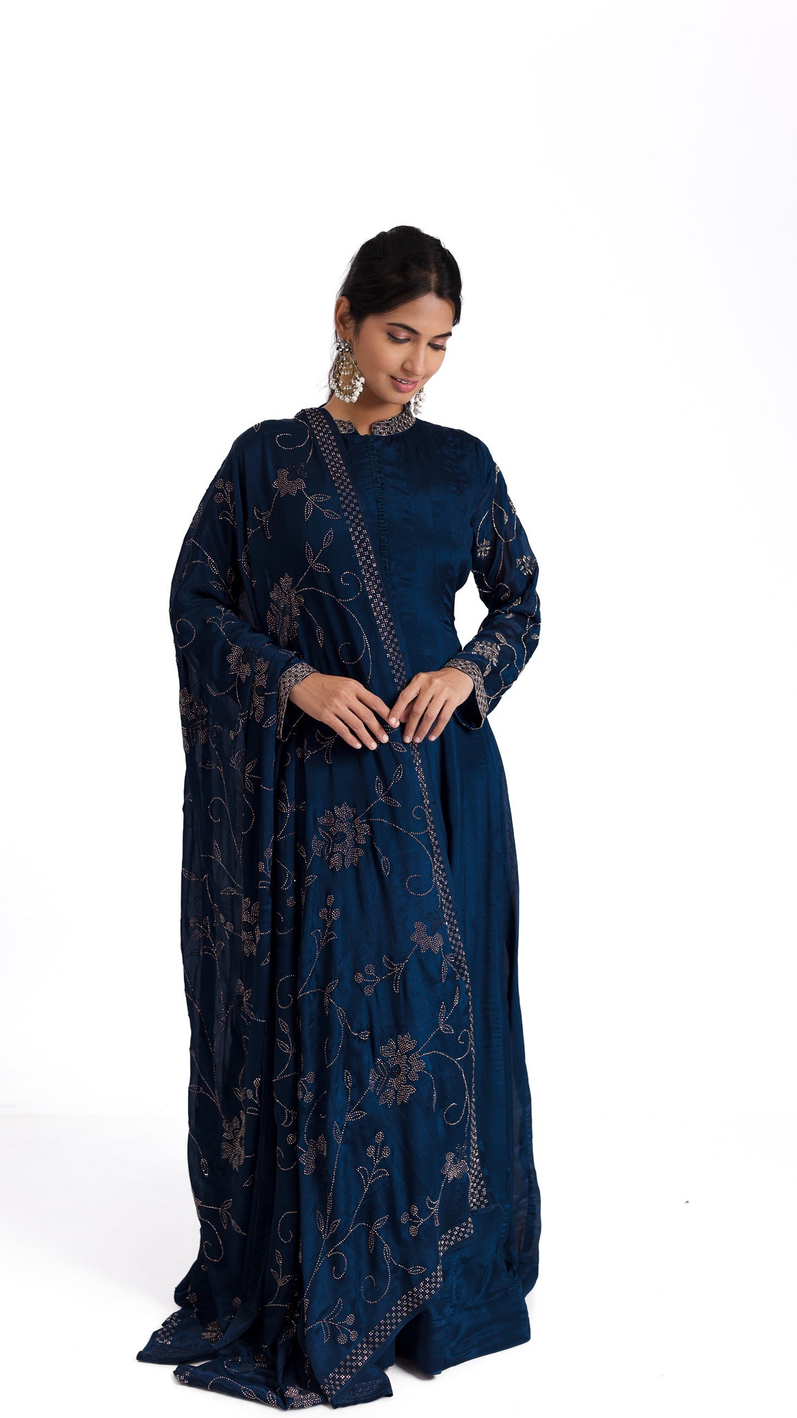 Midnight Blue Anarkali with Stone and Kutdana Embroidery – A Regal Ensemble - Mokshaa