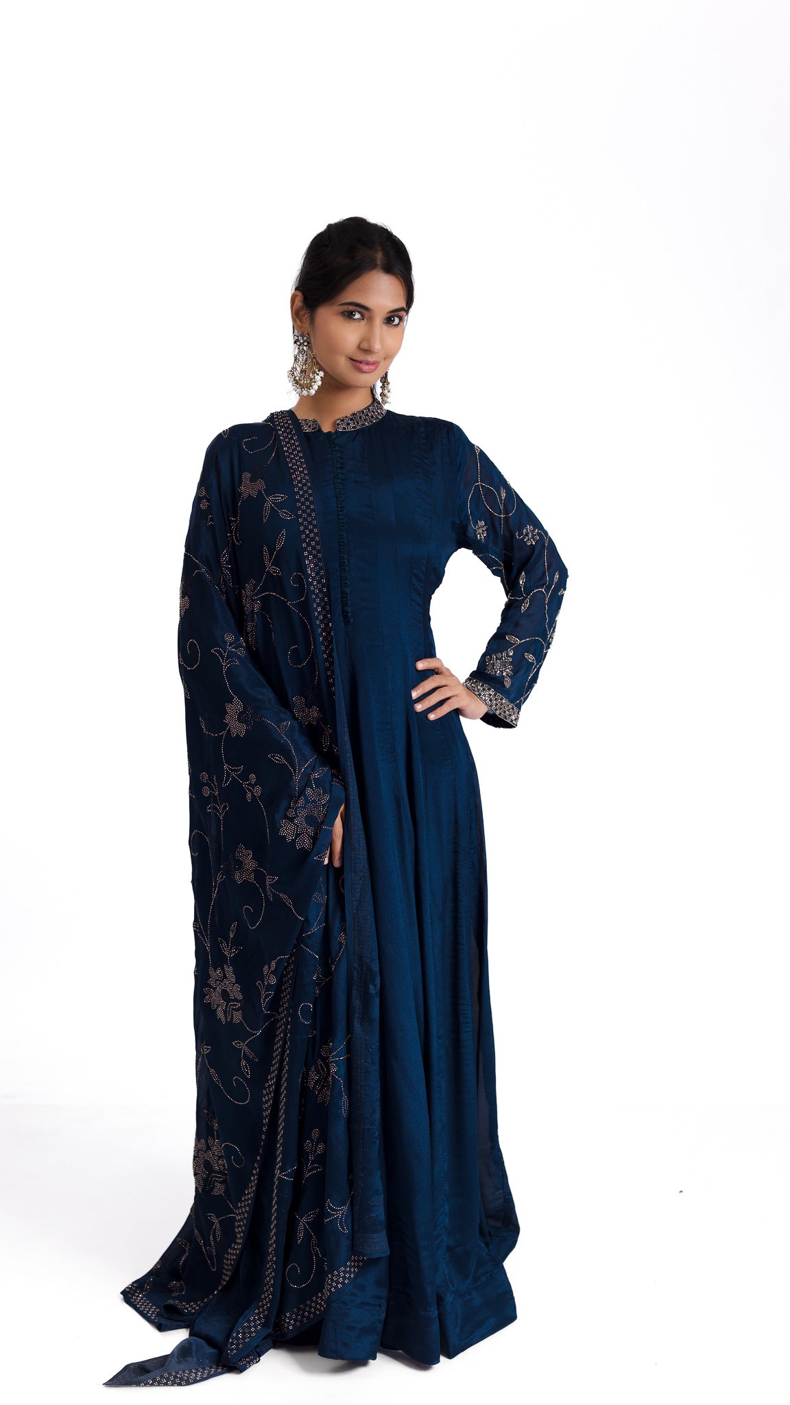 Midnight Blue Anarkali with Stone and Kutdana Embroidery – A Regal Ensemble - Mokshaa