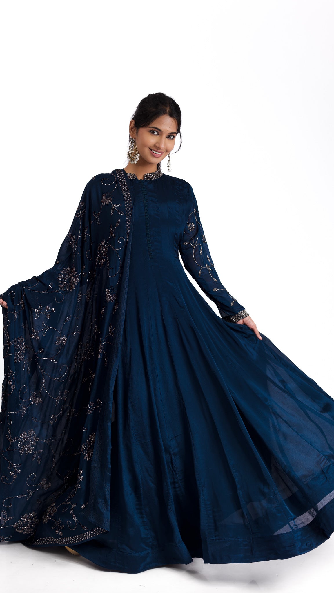 Midnight Blue Anarkali with Stone and Kutdana Embroidery – A Regal Ensemble - Mokshaa