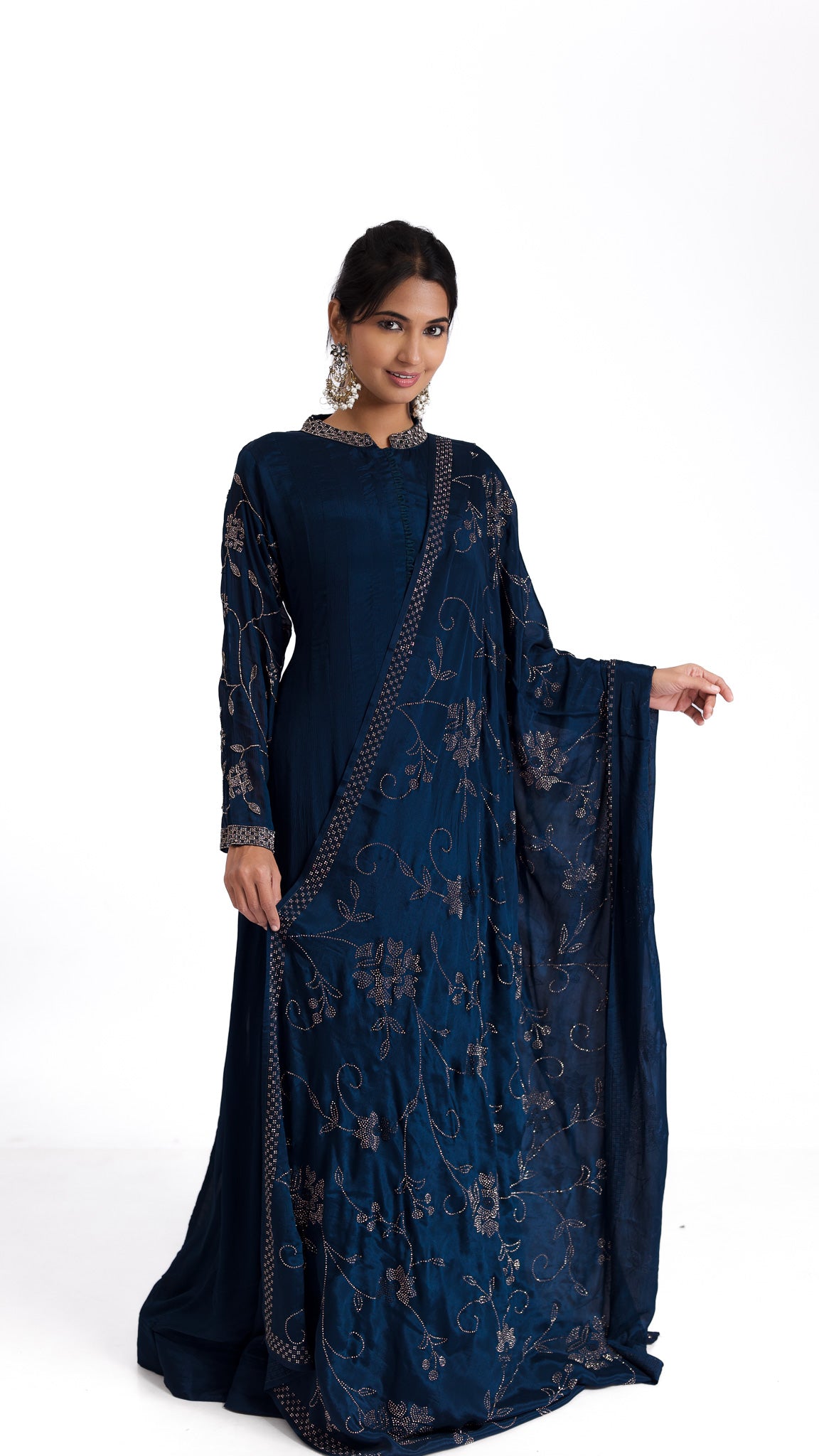 Midnight Blue Anarkali with Stone and Kutdana Embroidery – A Regal Ensemble - Mokshaa