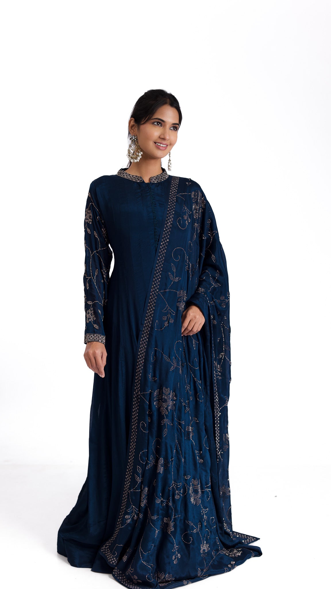 Midnight Blue Anarkali with Stone and Kutdana Embroidery – A Regal Ensemble - Mokshaa