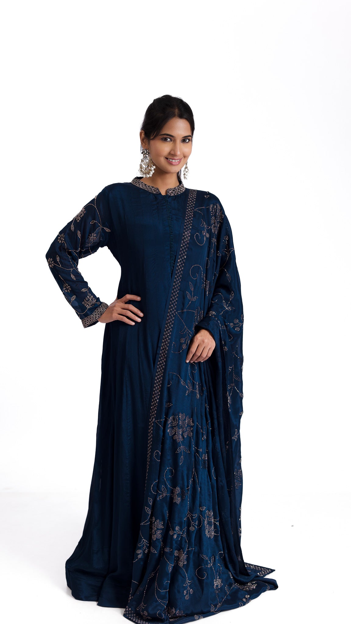 Midnight Blue Anarkali with Stone and Kutdana Embroidery – A Regal Ensemble - Mokshaa