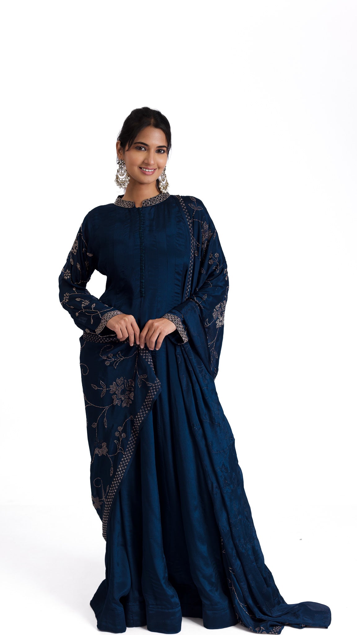 Midnight Blue Anarkali with Stone and Kutdana Embroidery – A Regal Ensemble - Mokshaa