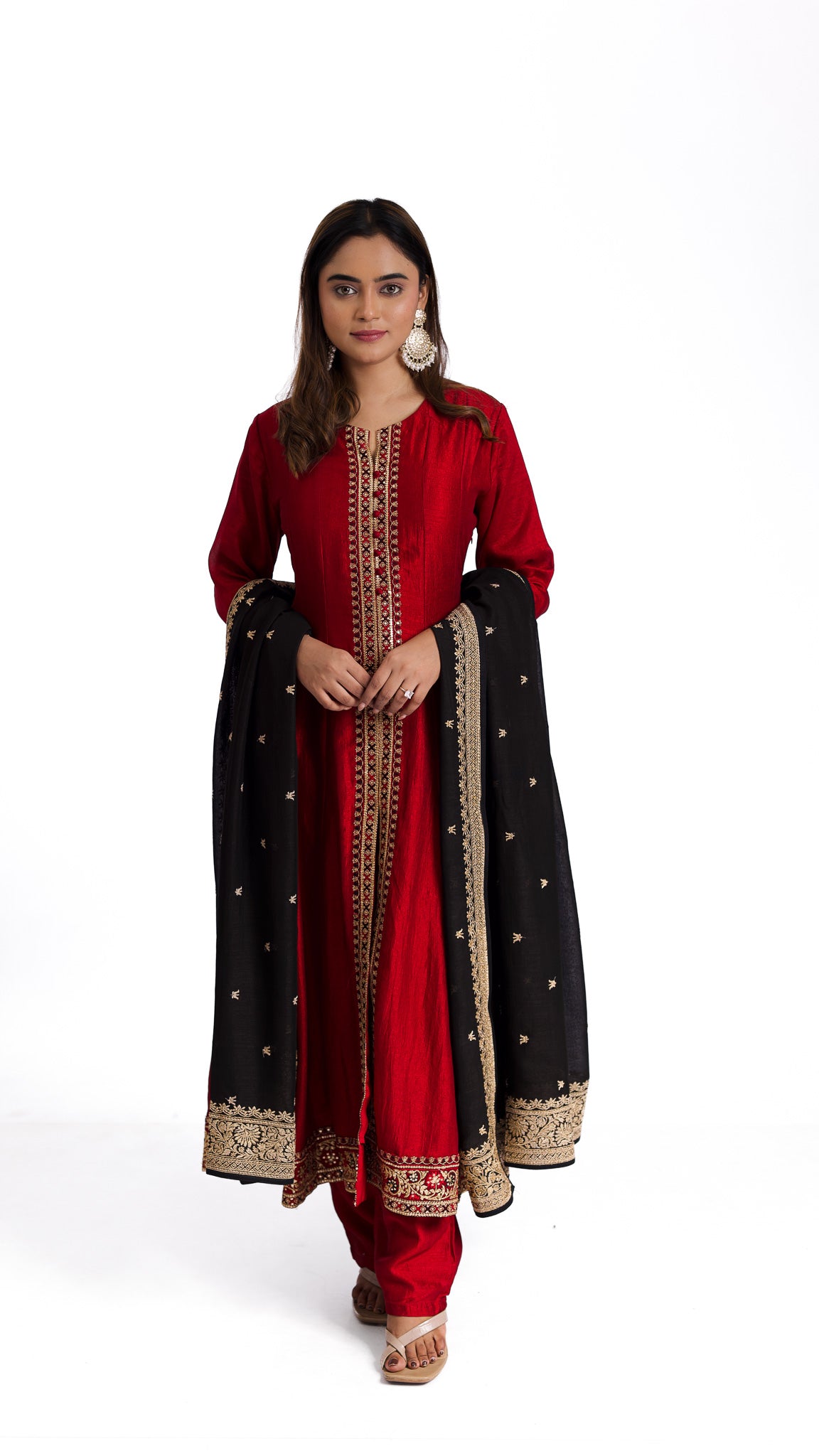 Opulent Ruby Red Silk Anarkali Suit Set with Blue Silk Dupatta - Mokshaa