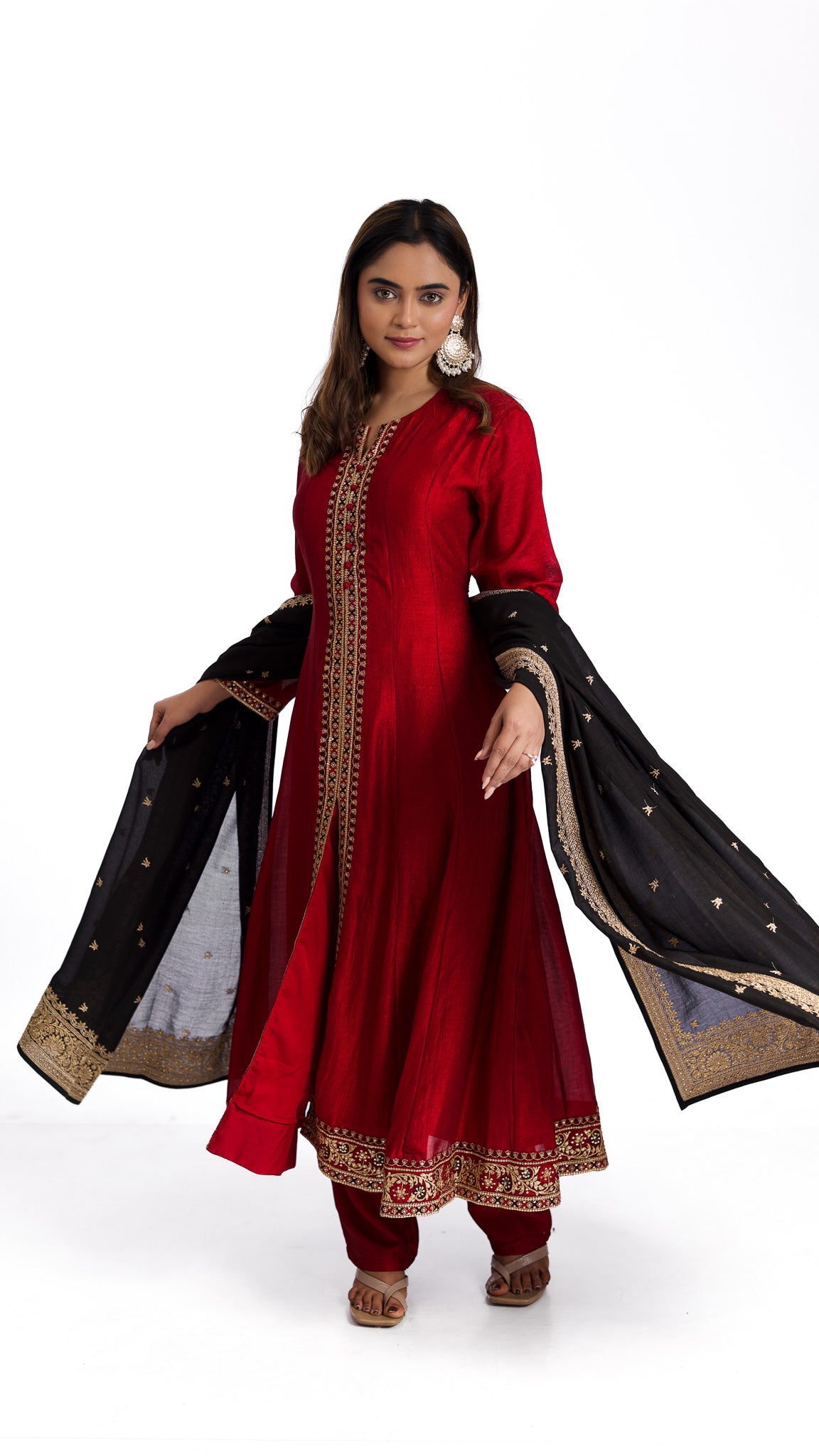 Opulent Ruby Red Silk Anarkali Suit Set with Blue Silk Dupatta - Mokshaa