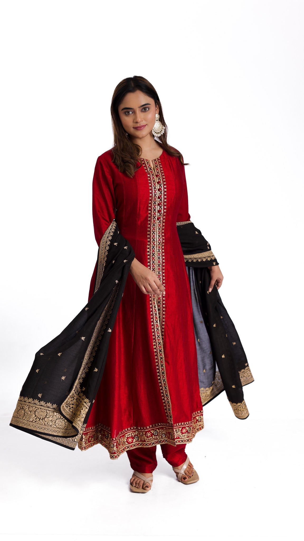 Opulent Ruby Red Silk Anarkali Suit Set with Blue Silk Dupatta - Mokshaa