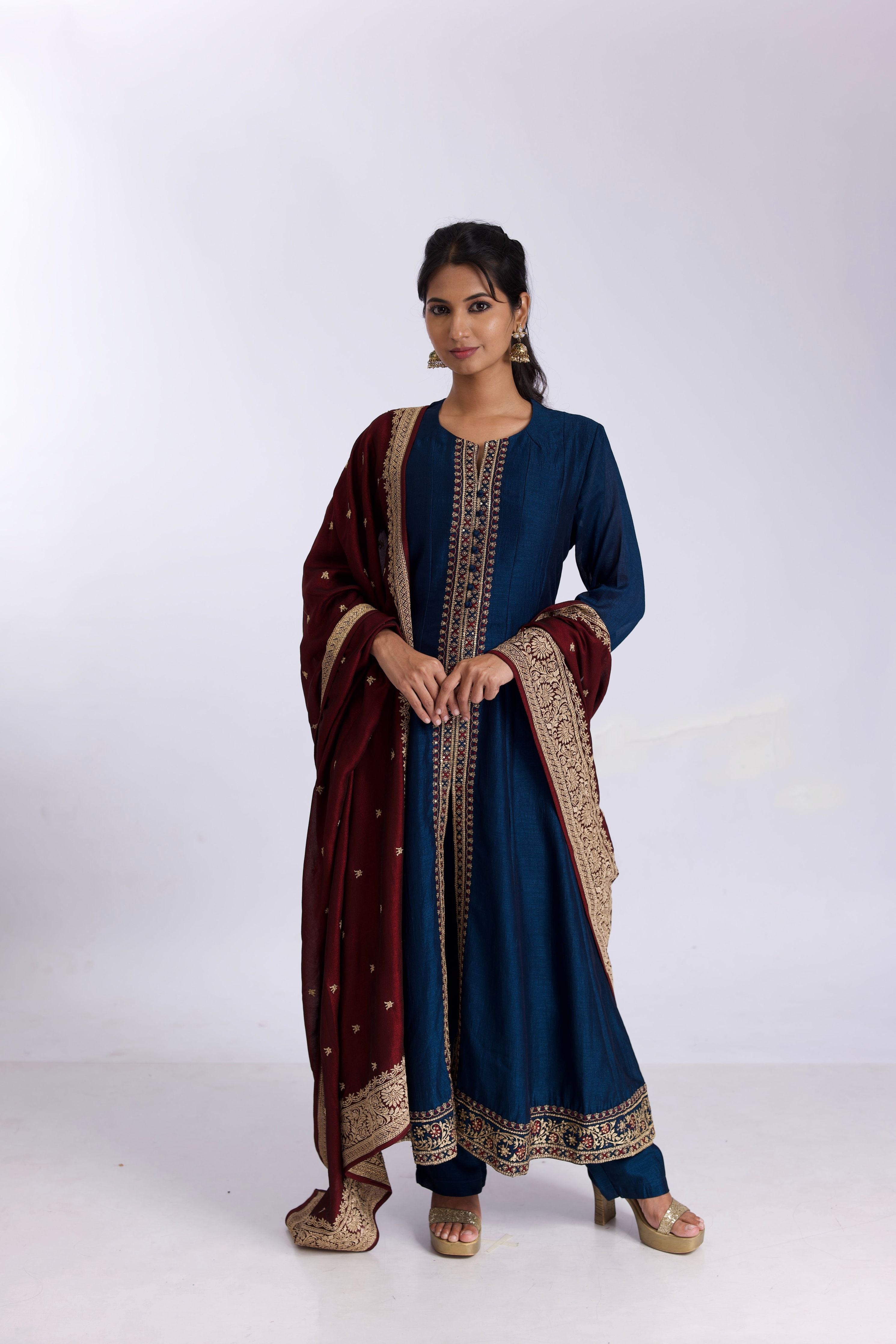 Royal Blue silk anarkali suit set with satin-silk dupatta - Mokshaa