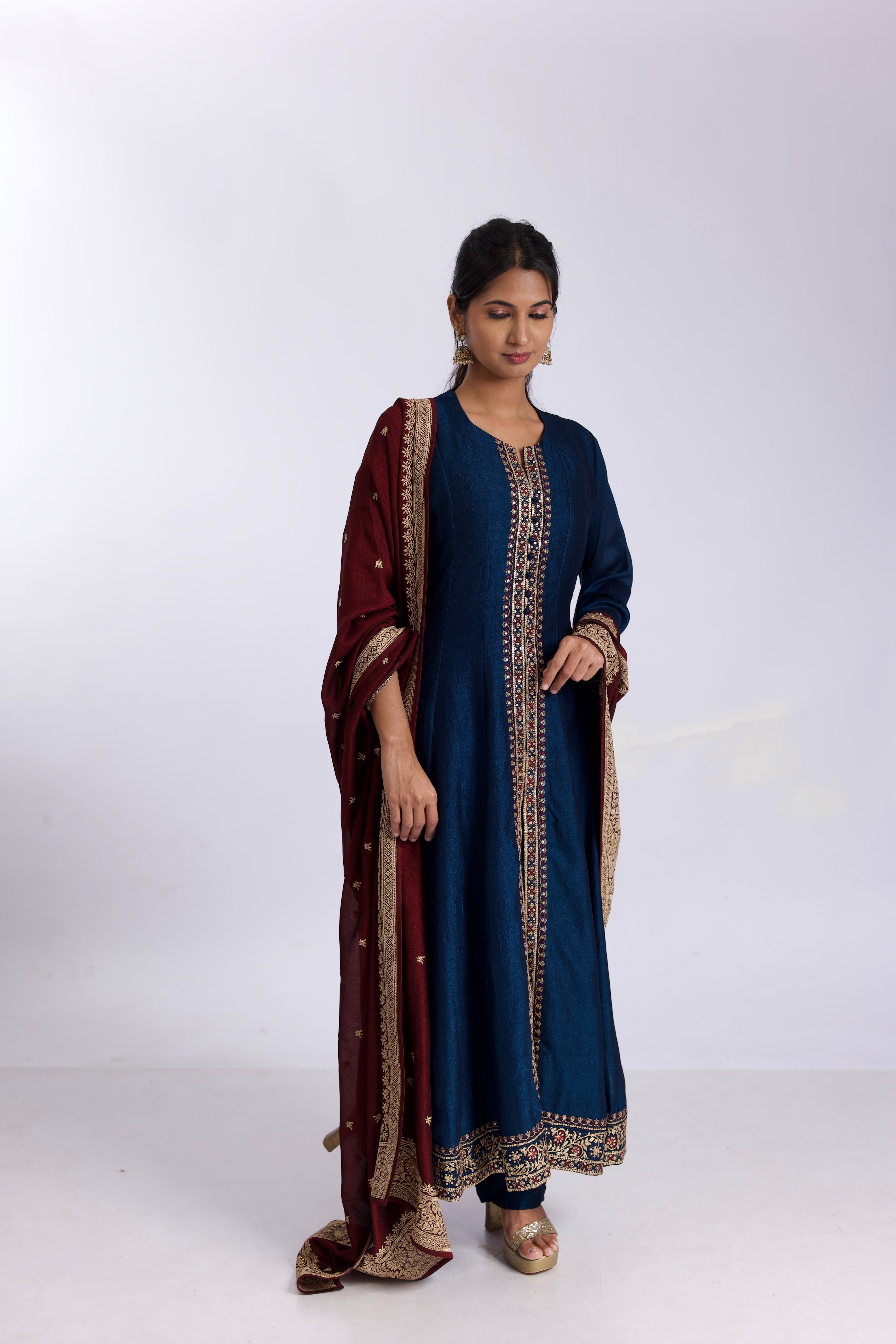 Royal Blue silk anarkali suit set with satin-silk dupatta - Mokshaa