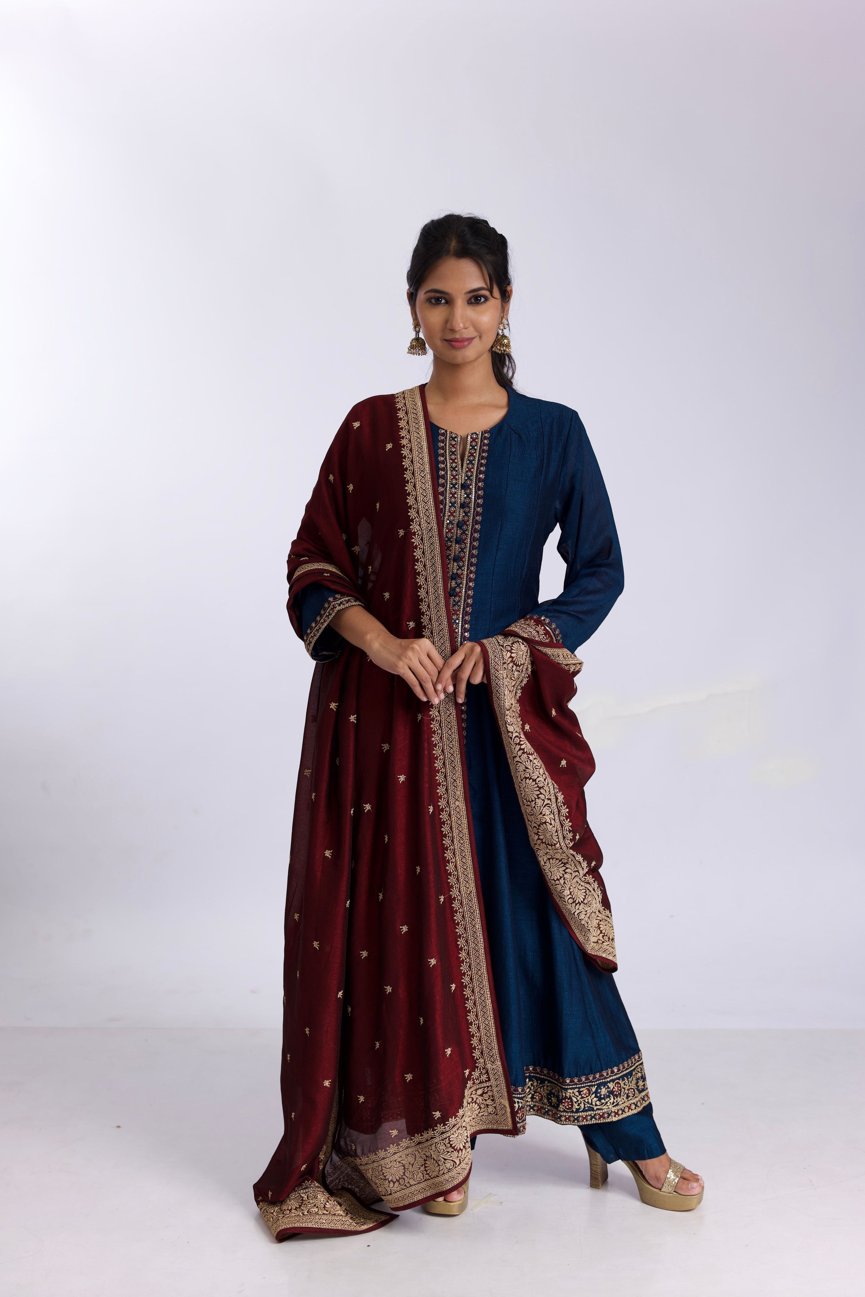 Royal Blue silk anarkali suit set with satin-silk dupatta - Mokshaa