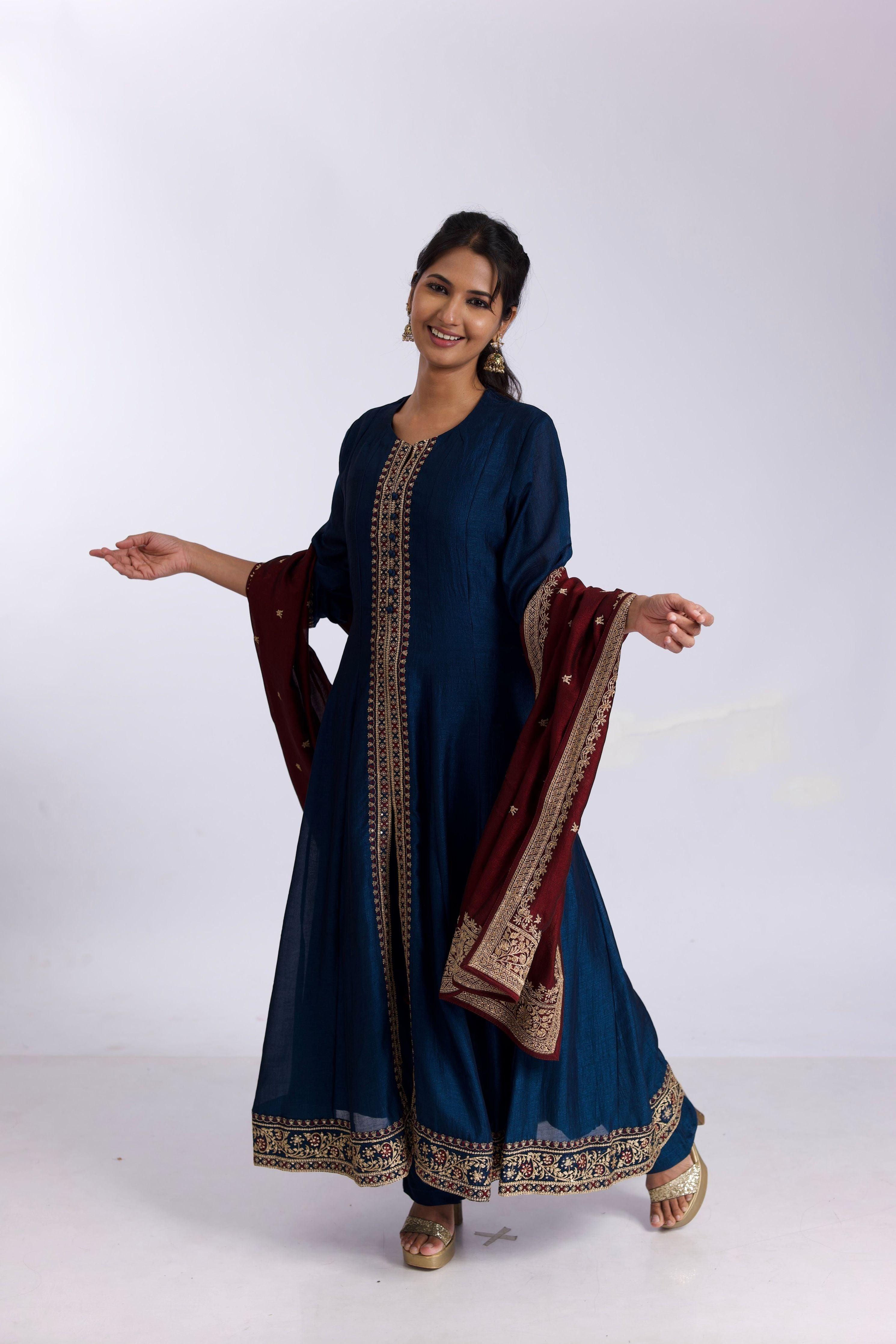 Royal Blue Silk Anarkali Suit Set With Satin-Silk Dupatta | Mokshaa 3XL Royal Blue Silk Anarkali Suit Set With Satin-Silk Dupatta | Mokshaa 3XL