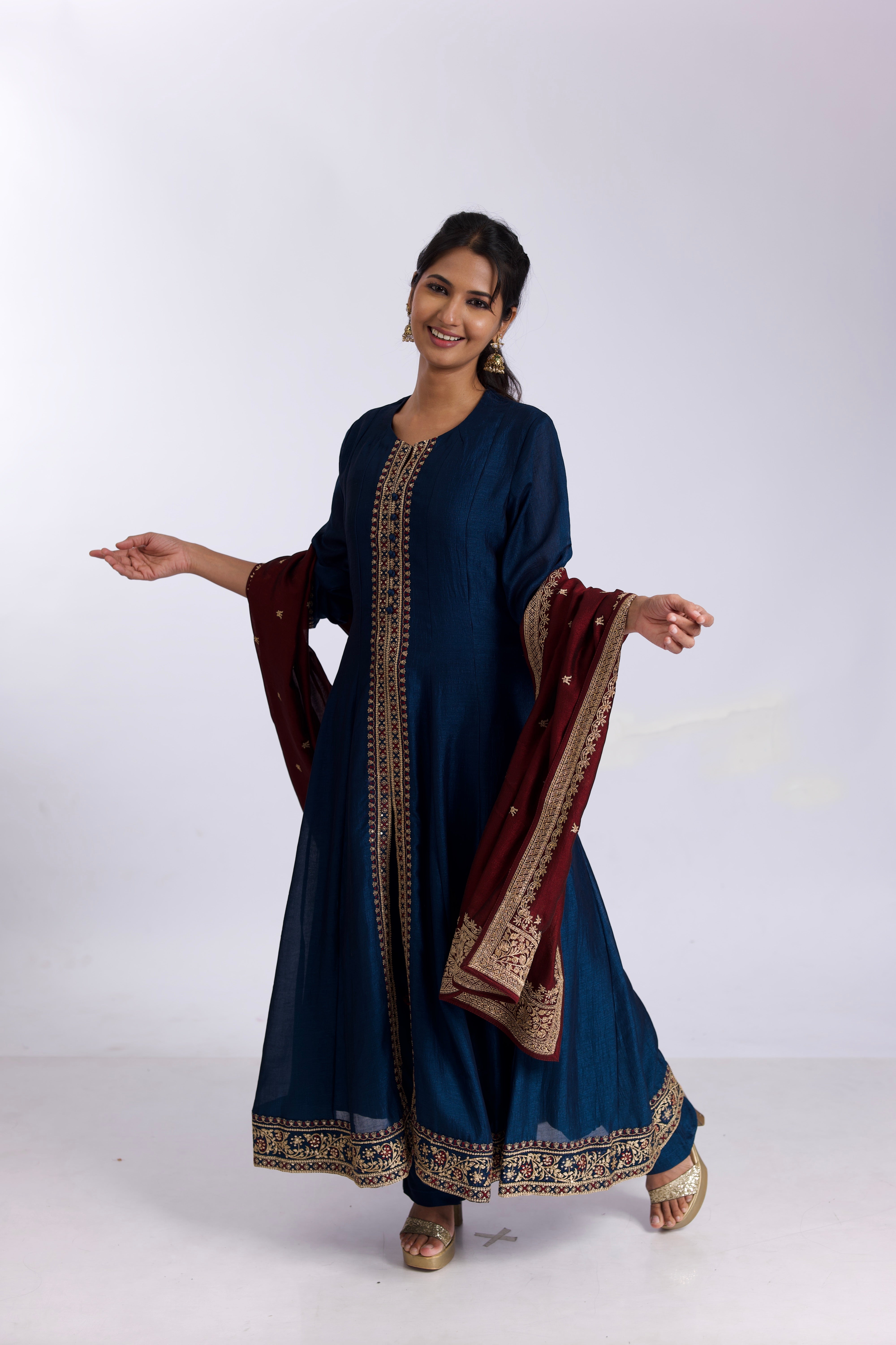 Royal Blue silk anarkali suit set with satin-silk dupatta - Mokshaa