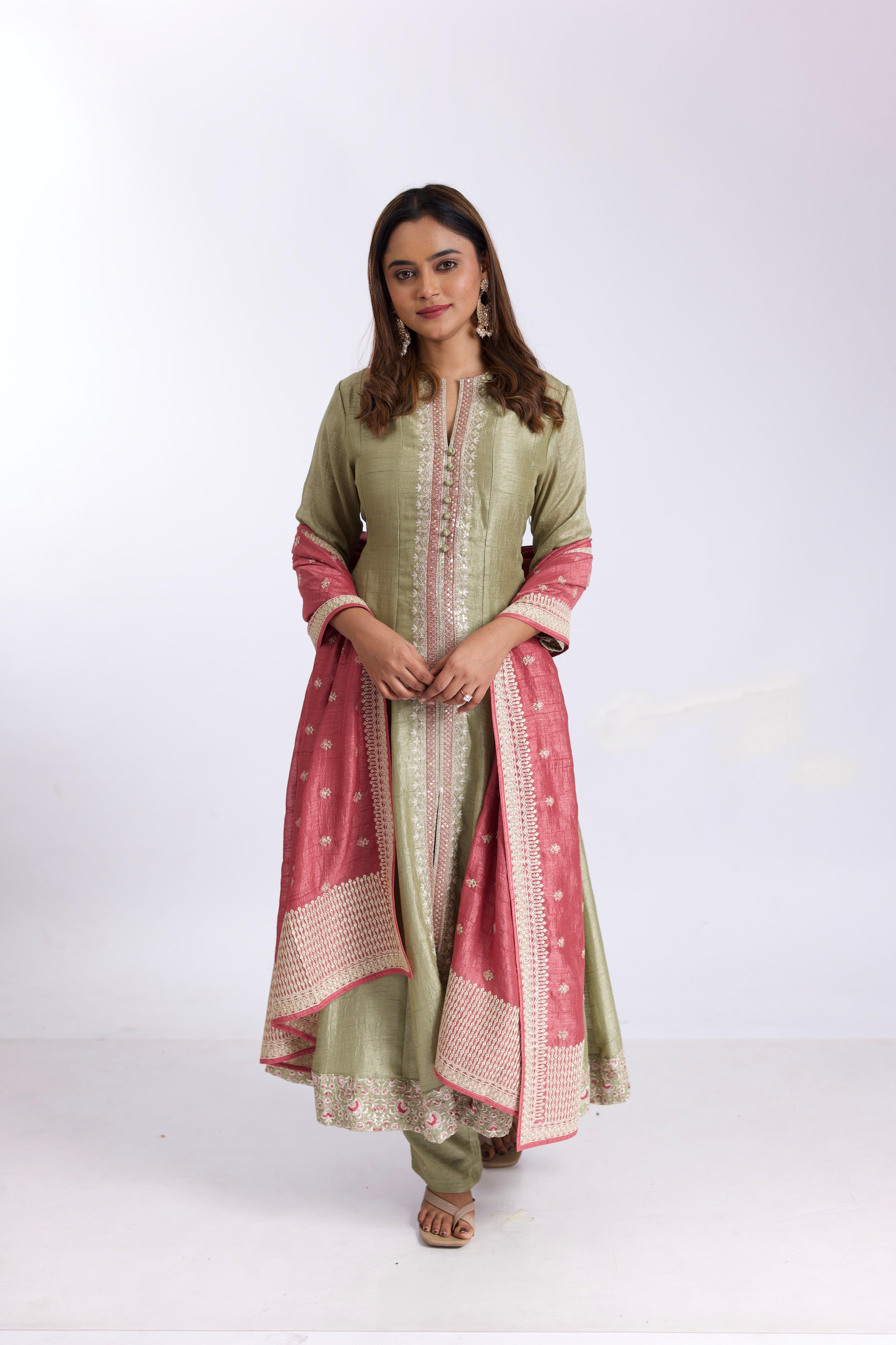 Stunning Sage Green Silk Anarkali Suit Set with Pink Satin-Silk Dupatta - Mokshaa