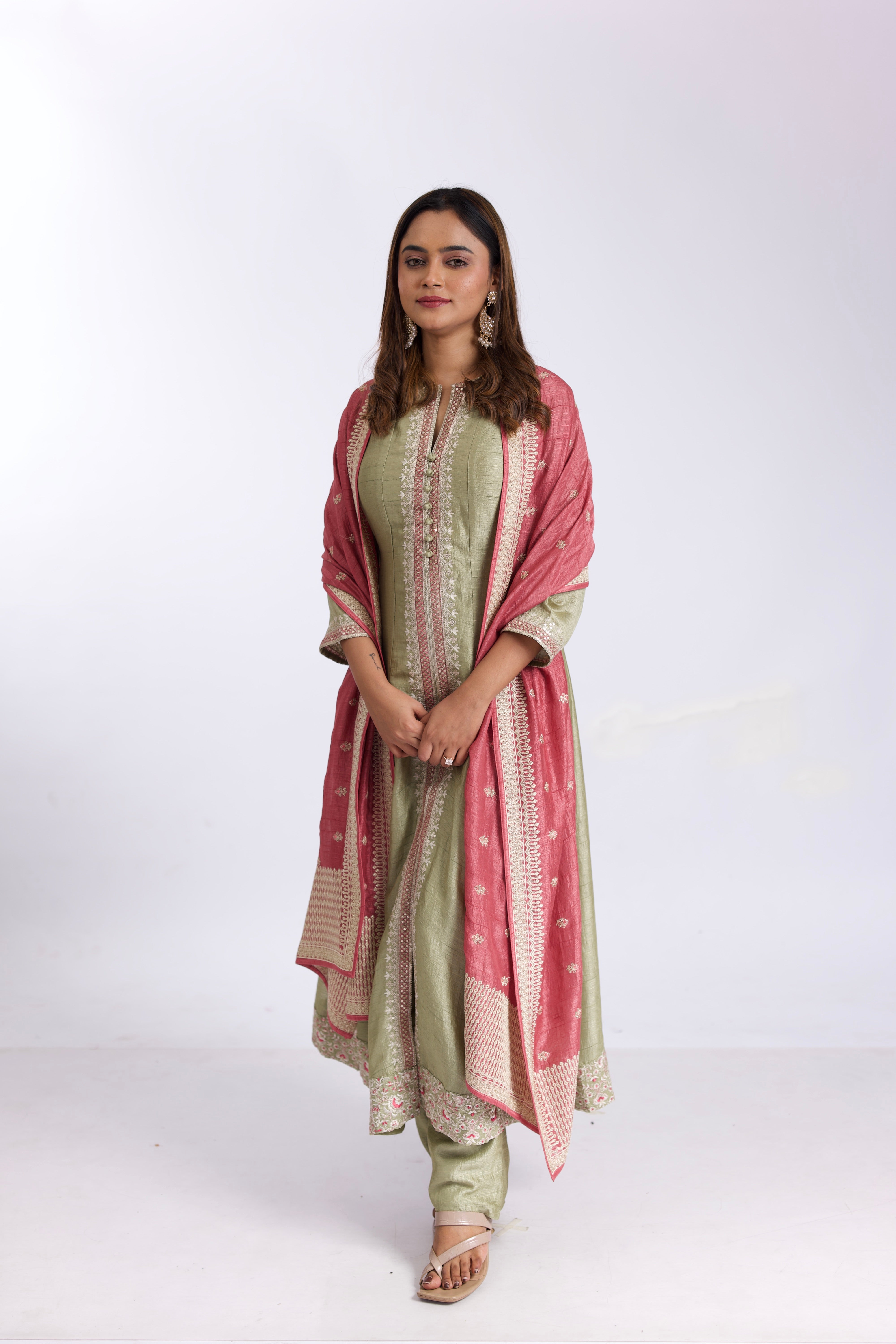 Stunning Sage Green Silk Anarkali Suit Set with Pink Satin-Silk Dupatta - Mokshaa